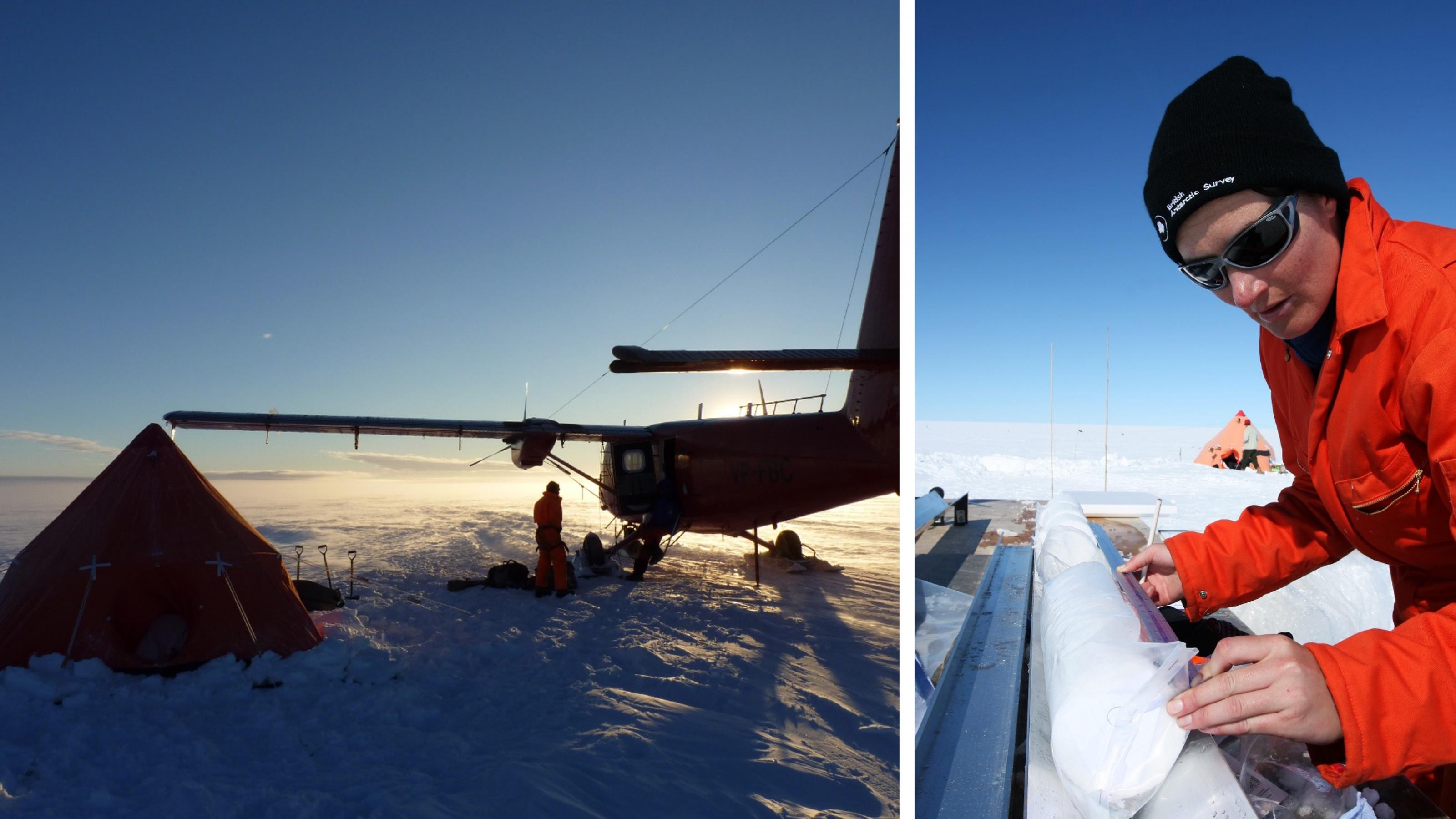 Ein Flugzeug in einer Eislandschaft, eine junge Forscherin mit