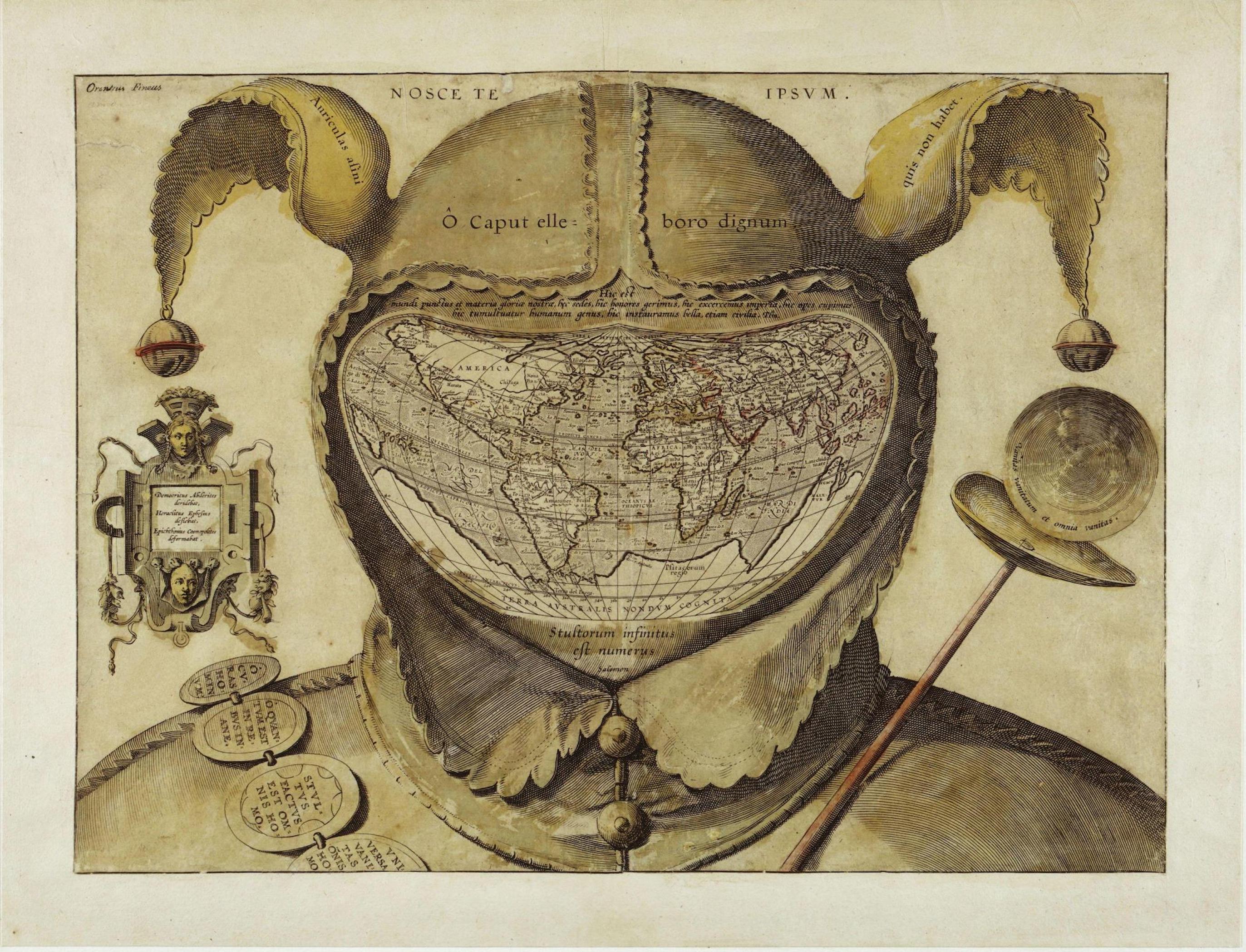 Bild des Künstlers Jean de Gourmont. Zu sehen ist das Portrait eines klassischen Narren. Unter der Kappe befindet sich jedoch kein Gesicht sondern eine Weltkarte.