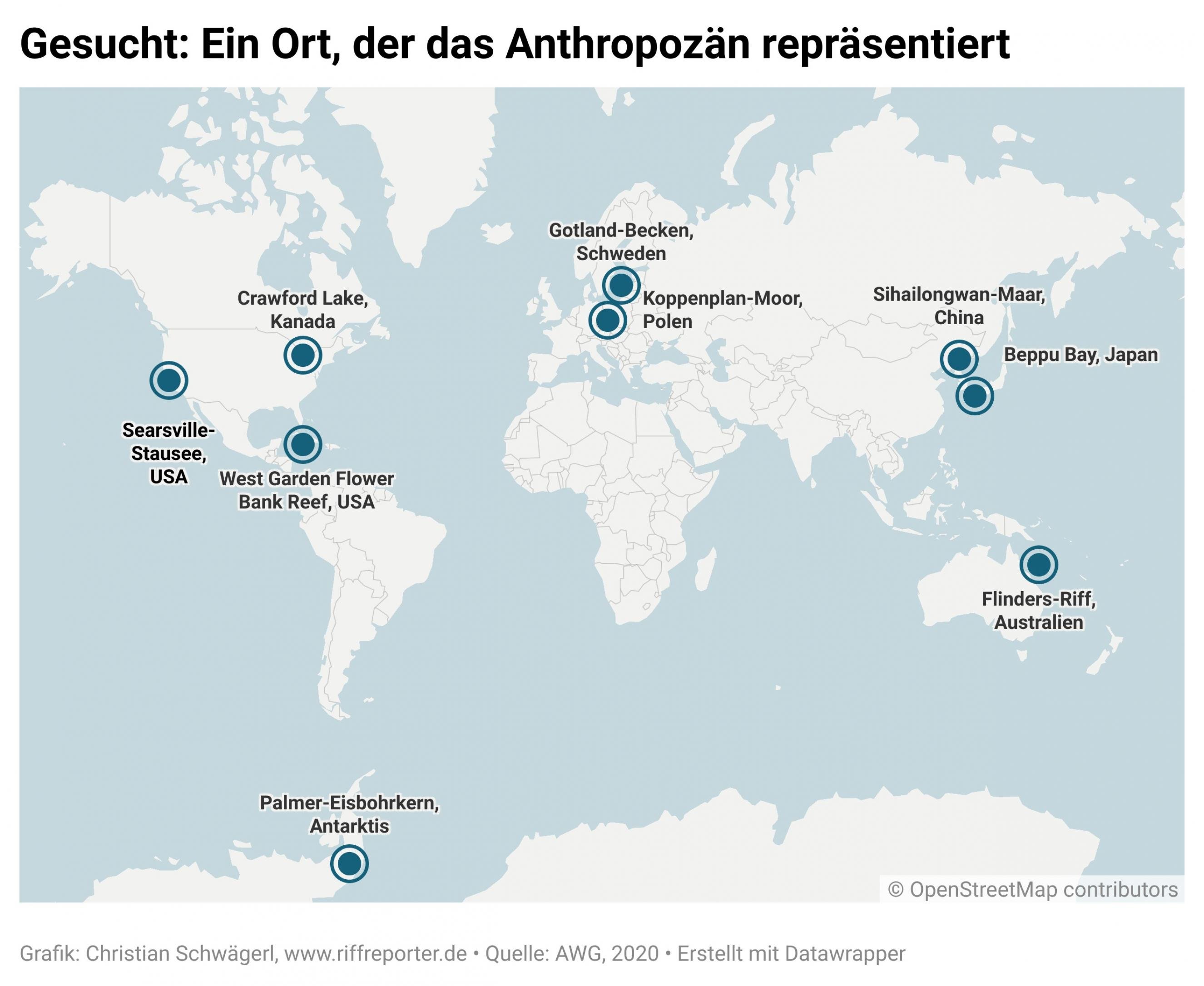 Weltkarte mit neun verbliebenen Kandidaten für den Symbolort.