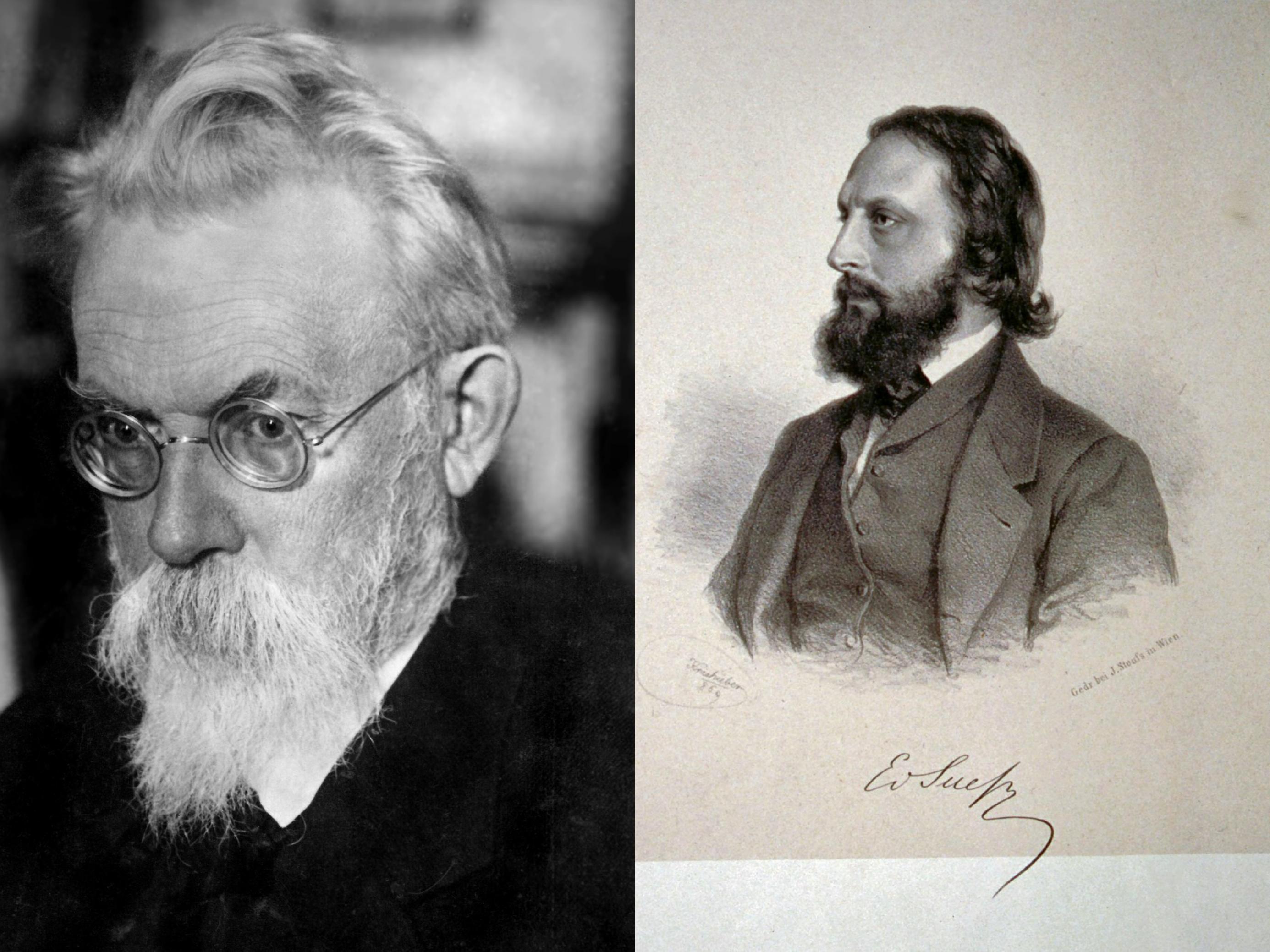 Zwei Portraits: Rechts Österreicher Eduard Suess. Links der Russe Wernadsky.