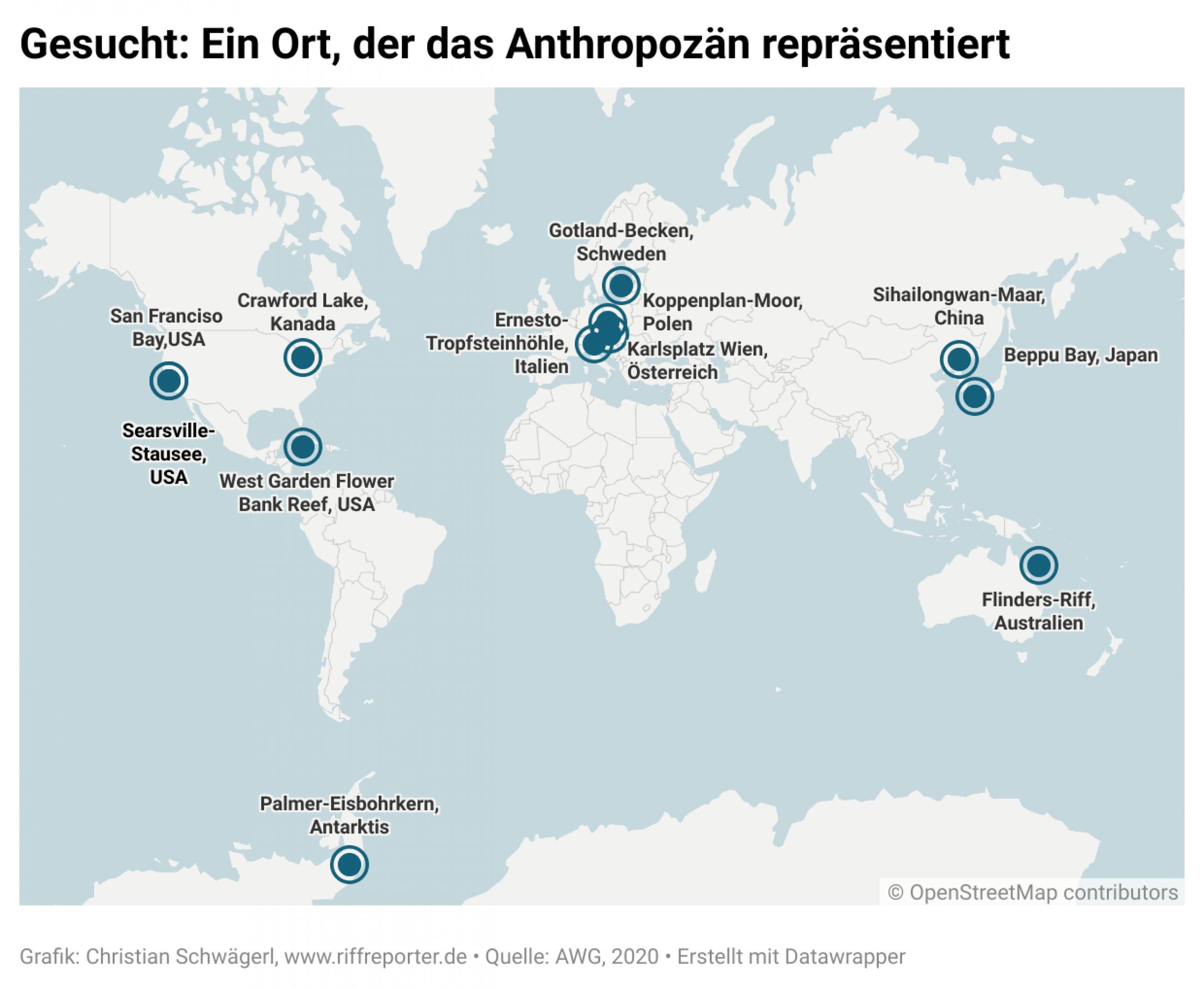 Weltkarte mit 12 Orten, darunter Buchten, Riffe, Höhlen, Moore, Maare und Eisflächen.