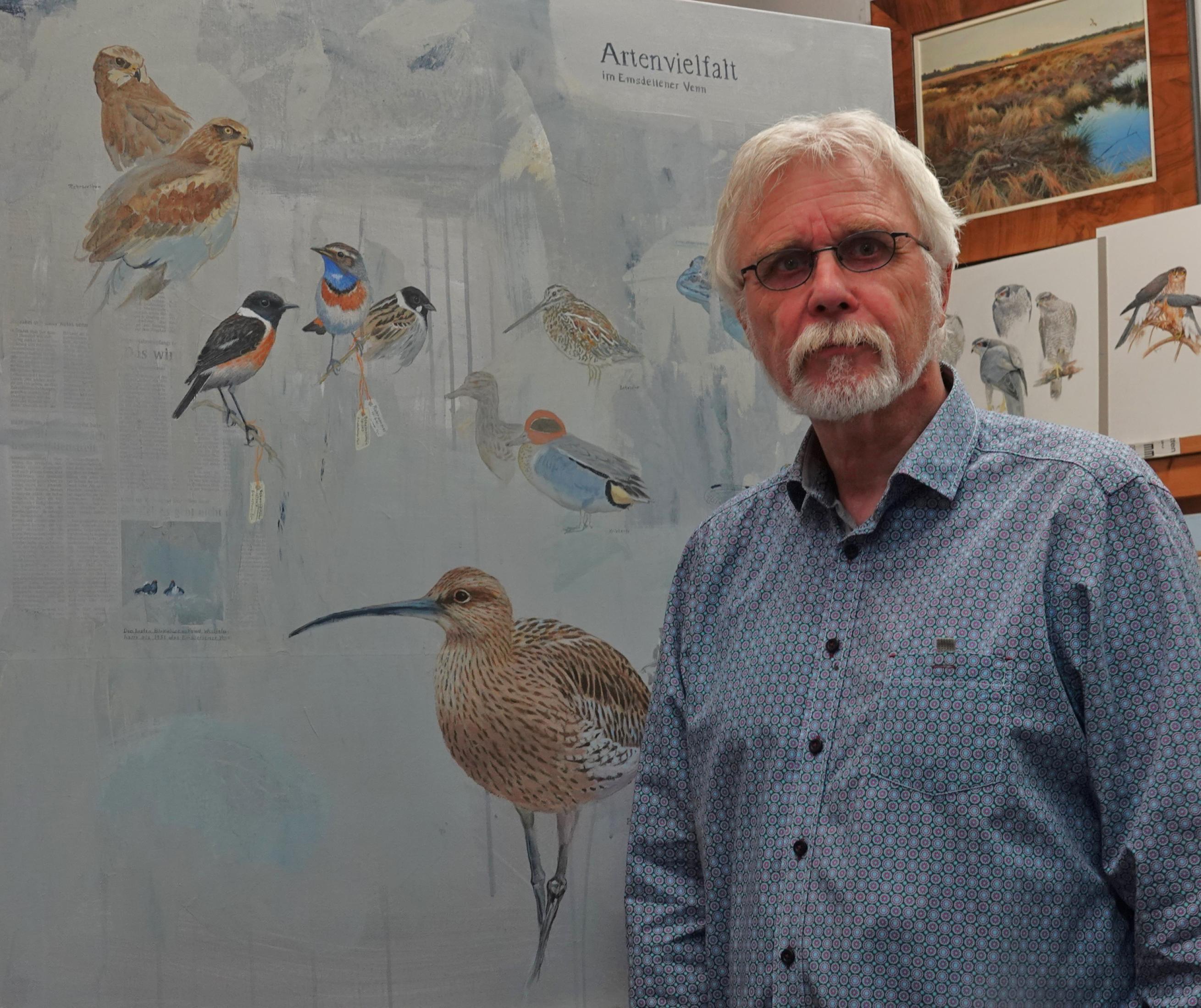 Porträt Bernd Pöppelmann vor einigen Vogelzeichnungen.