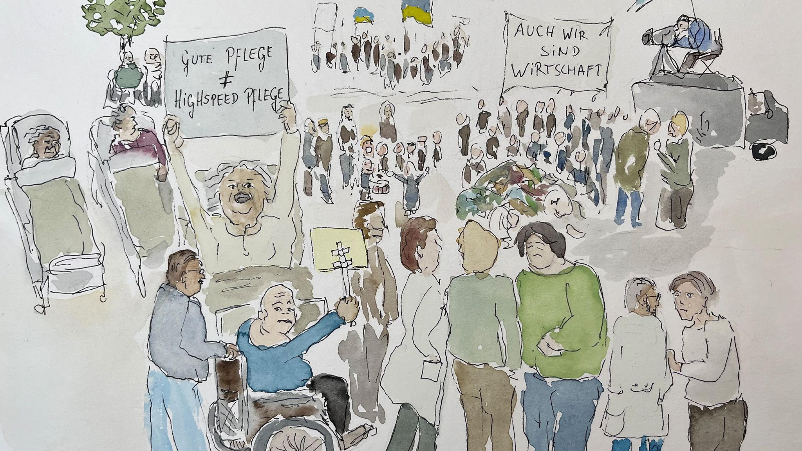 Die Grafik zeigt Menschen auf einer Demonstration zur Aufwertung sozialer Berufen. Es nehmen Menschen im Rollstuhl und in Krankenbetten teil, Kinder machen Musik, auf einem Banner steht „Auch wir sind Wirtschaft“.