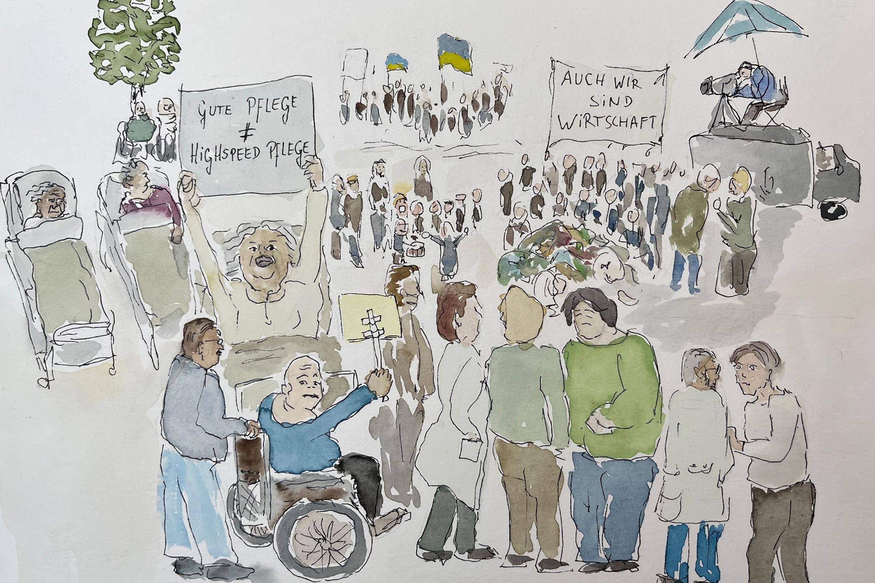 Die Grafik zeigt Menschen auf einer Demonstration zur Aufwertung sozialer Berufen. Es nehmen Menschen im Rollstuhl und in Krankenbetten teil, Kinder machen Musik, auf einem Banner steht „Auch wir sind Wirtschaft“.