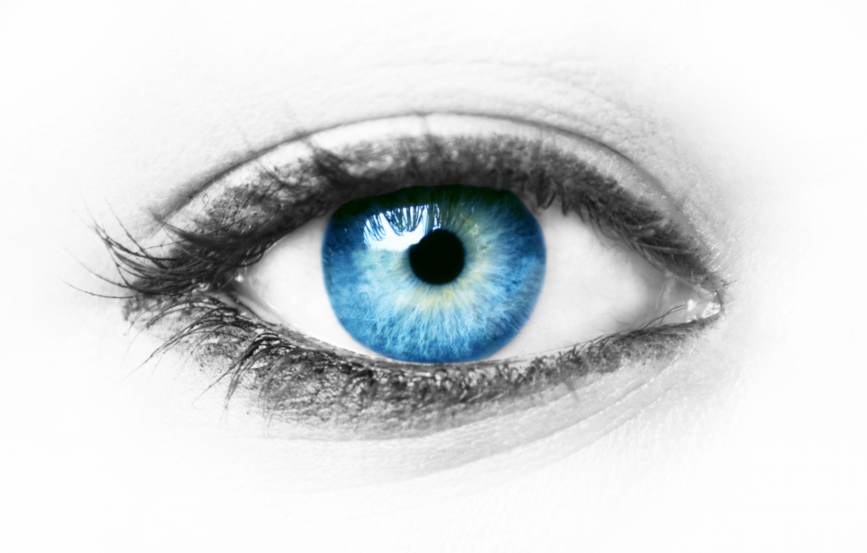 Zu sehen ist die künstlerische Fotografie eines menschlichen Auges mit einer strahlendblauen Iris und kleiner, schwarzer Pupille. Der Hintergrund ist weiß, Liedfalte, Wimpern und die Umrandung des Auges sind grau bis schwarz. Das isolierte, ästhetisch wirkende Auge scheint vor dem hellen Hintergrund regelrecht zu schweben.