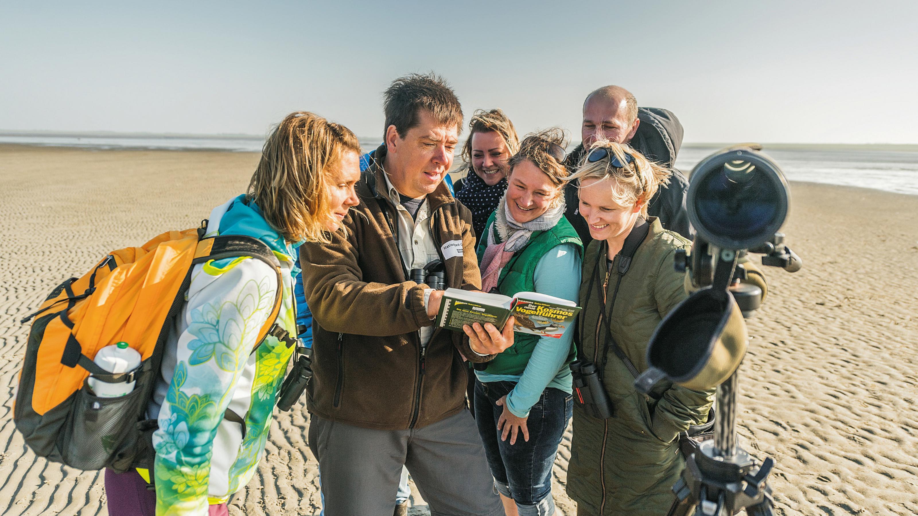 Eine Gruppe Vogelbeobachterinnen und -beobachter schart sich am Strand um ihren Führer, der ein Bestimmungsbuch in der Hand hält.