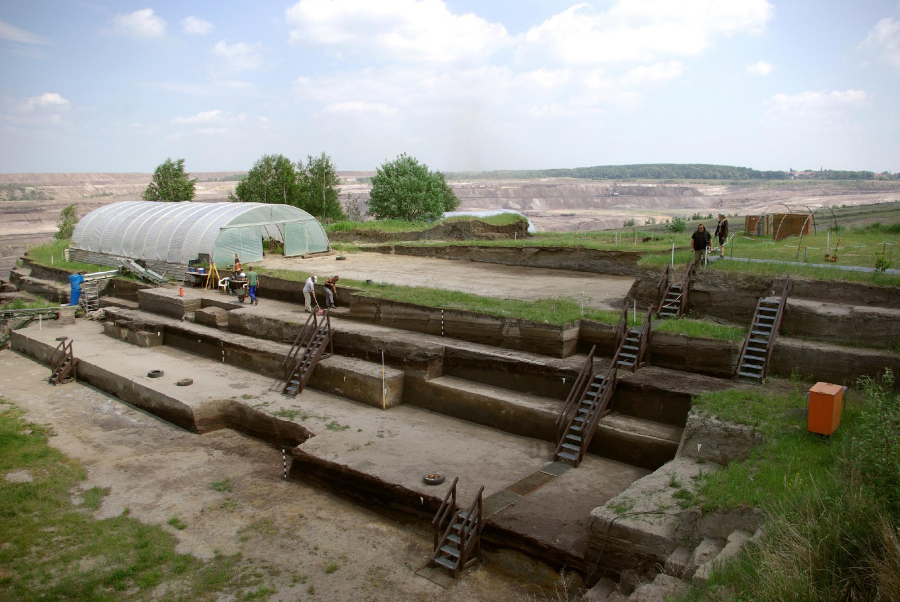 Das Foto zeigt die Grabung in Schöningen: Über mehrere Stufen sind die Erdschichten abgetragen, von Treppen verbunden. Hinten links ist eine Überdachung zu sehen und mehrere Wissenschaftler halten sich für Untersuchungen auf dem Gelände auf. Hier entdeckten sie im Jahr 2016 den neuen, jetzt in einer Publikation vorgestellten Wurfstock.