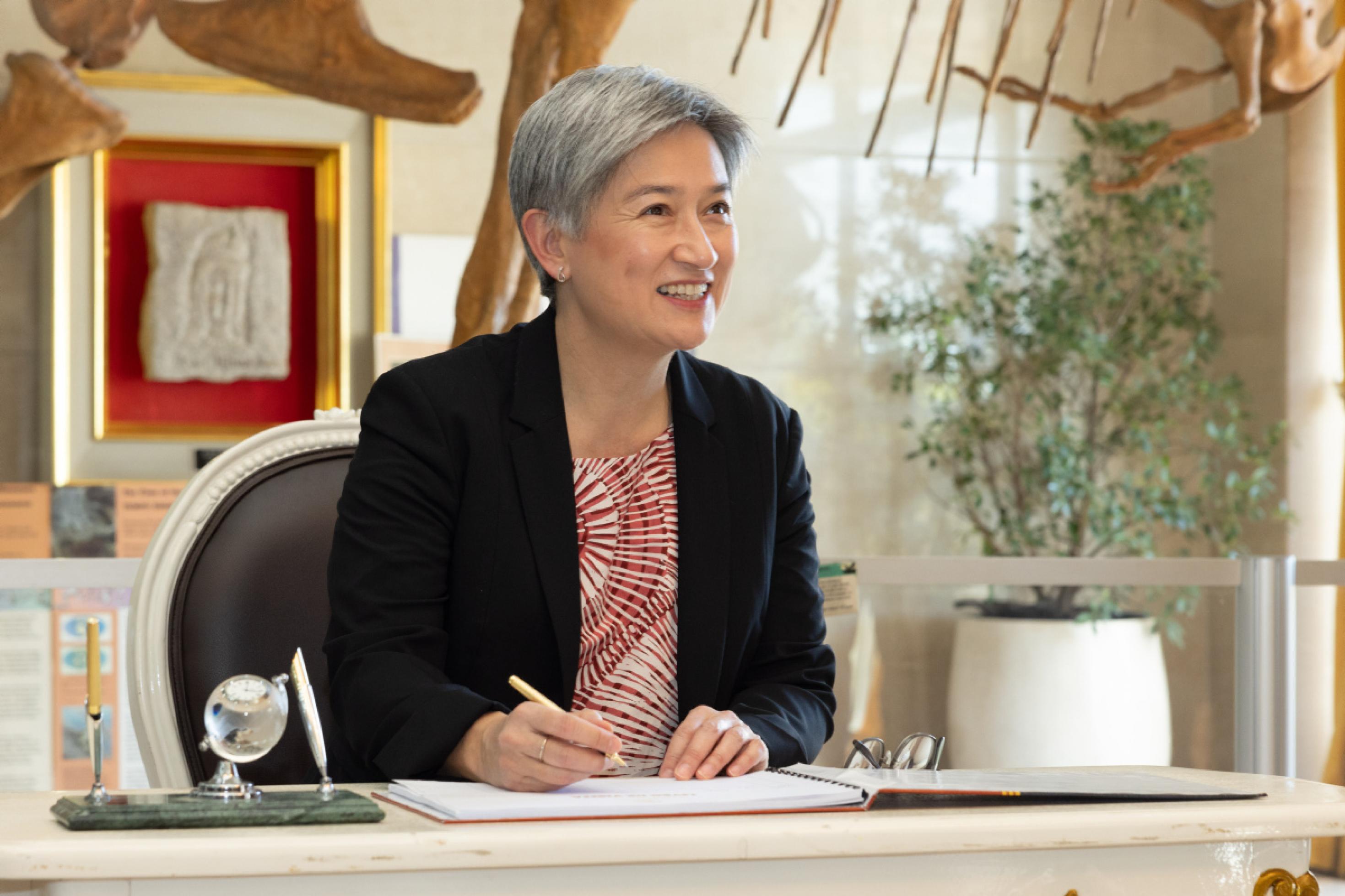 Senator the Hon Penny Wong, Minister for Foreign Affairs, signs a guestbook for official guests, before meeting with His Excellency Dr José Ramos-Horta, President of Timor-Leste, at the Presidential Palace in Timor Leste. The meeting takes place as part of Foreign Minister Wong’s visit to Dili, Timor Leste.

Australian attendees: ?
-  Senator the Hon Penny Wong, Minister for Foreign Affairs ?
-  Chargé Wilson ?
-  Mr Patrick Ingle, Policy Adviser to Minister Wong ?
-  Ms Phoebe Bowden, Press Secretary to Minister Wong ?
-  Ms Michelle Chan, Deputy Secretary, Southeast Asia and Global Partners Group, DFAT ?
-  The Hon Steve Bracks AC, Australia’s Special Representative for Greater Sunrise ?
-  Ms Jenny Samiec, Executive Officer to Australia’s Special Representative ?
-  Mr Glenn Maloney, Second Secretary (Political), Australian Embassy Dili?
-  Ms Langridge ?
July 7, 2023.