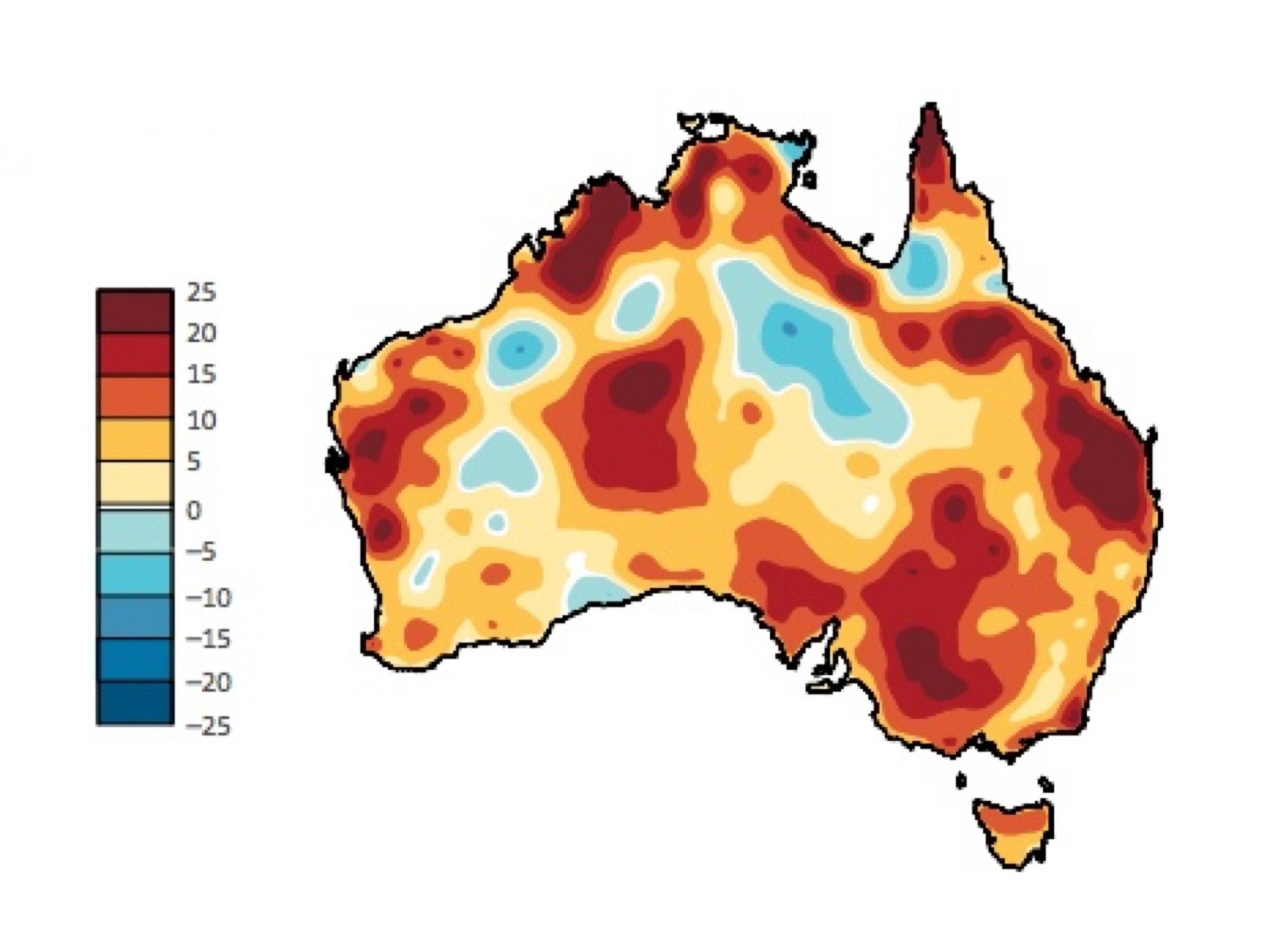 Die Graphik zeigt das Land Australien mit einer Farbcodierung. Orange und Rote Farbtöne geben eine Zunahme der sogenannten Feuertage wieder, blaue eine Abnahme. In weiten Teilen des Landes, vor allem an den Küsten, kam es im Untersuchungszeitraum zu einer Zunahme, regional um bis zur 25 Tage.