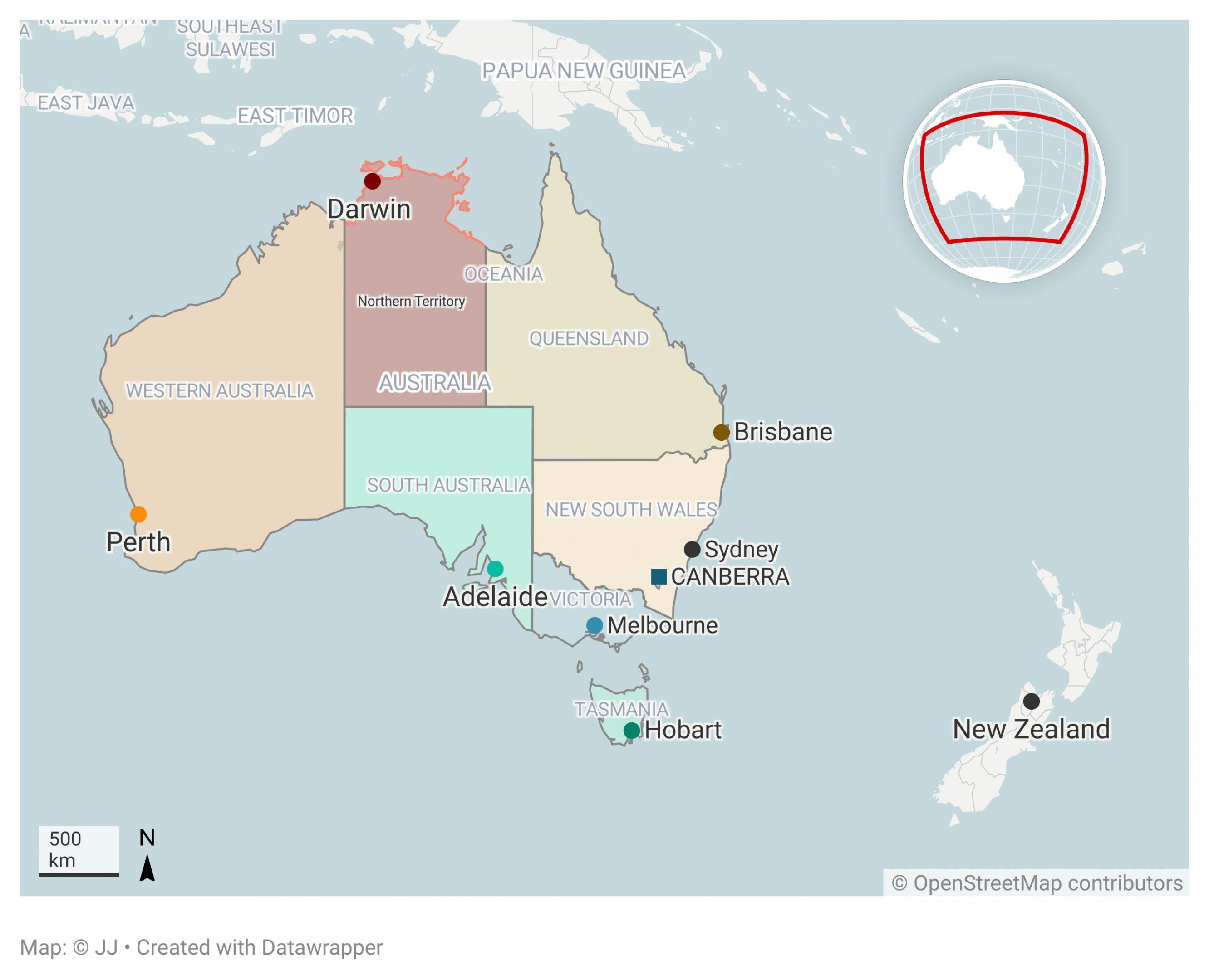 Die Karte zeigt Australien mit der Hauptstadt Canberra und die sechs Bundesländer, bzw. Territorien.