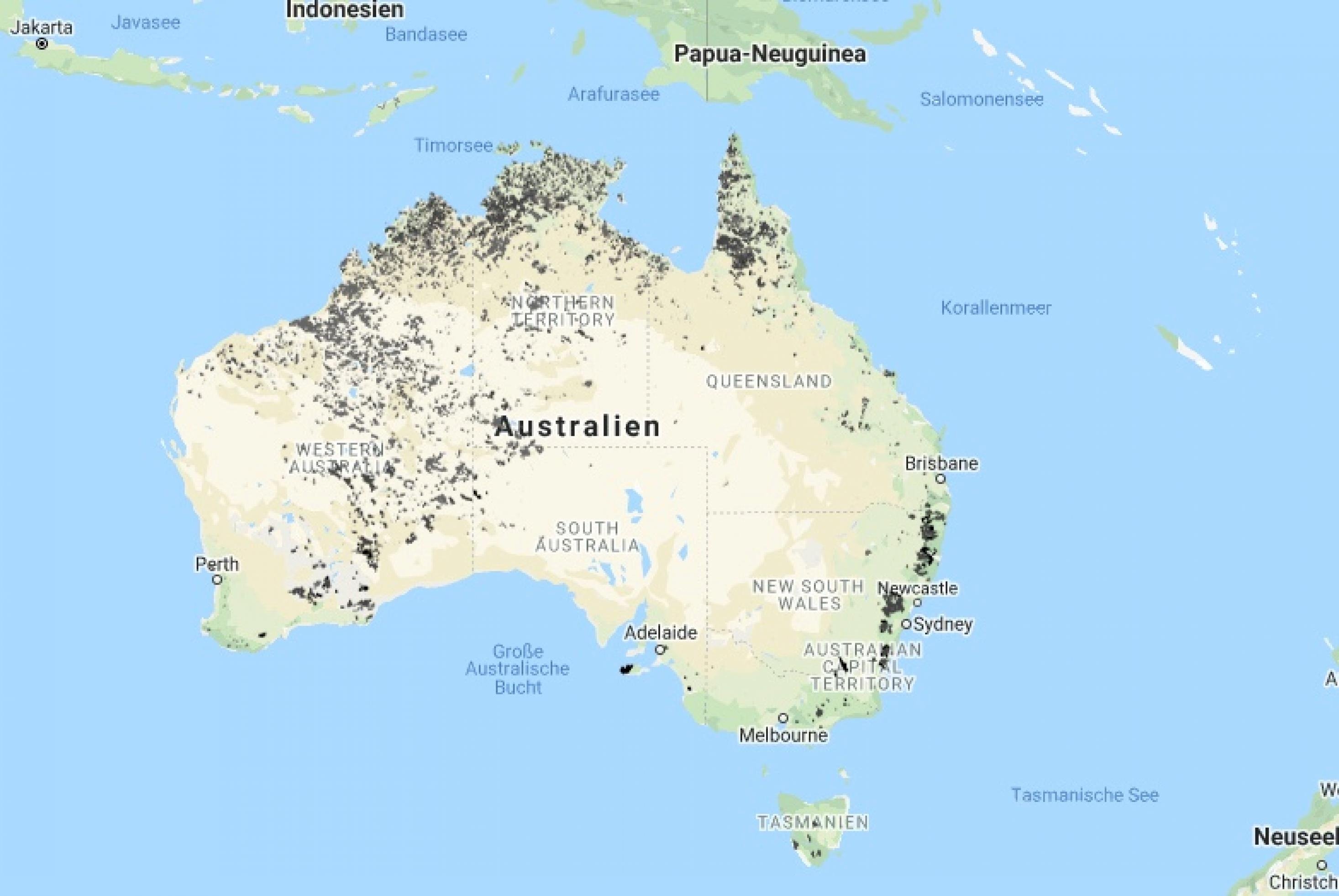Karte von Australien in der mit Schwarz bestimmte Gebiete markiert wurden.