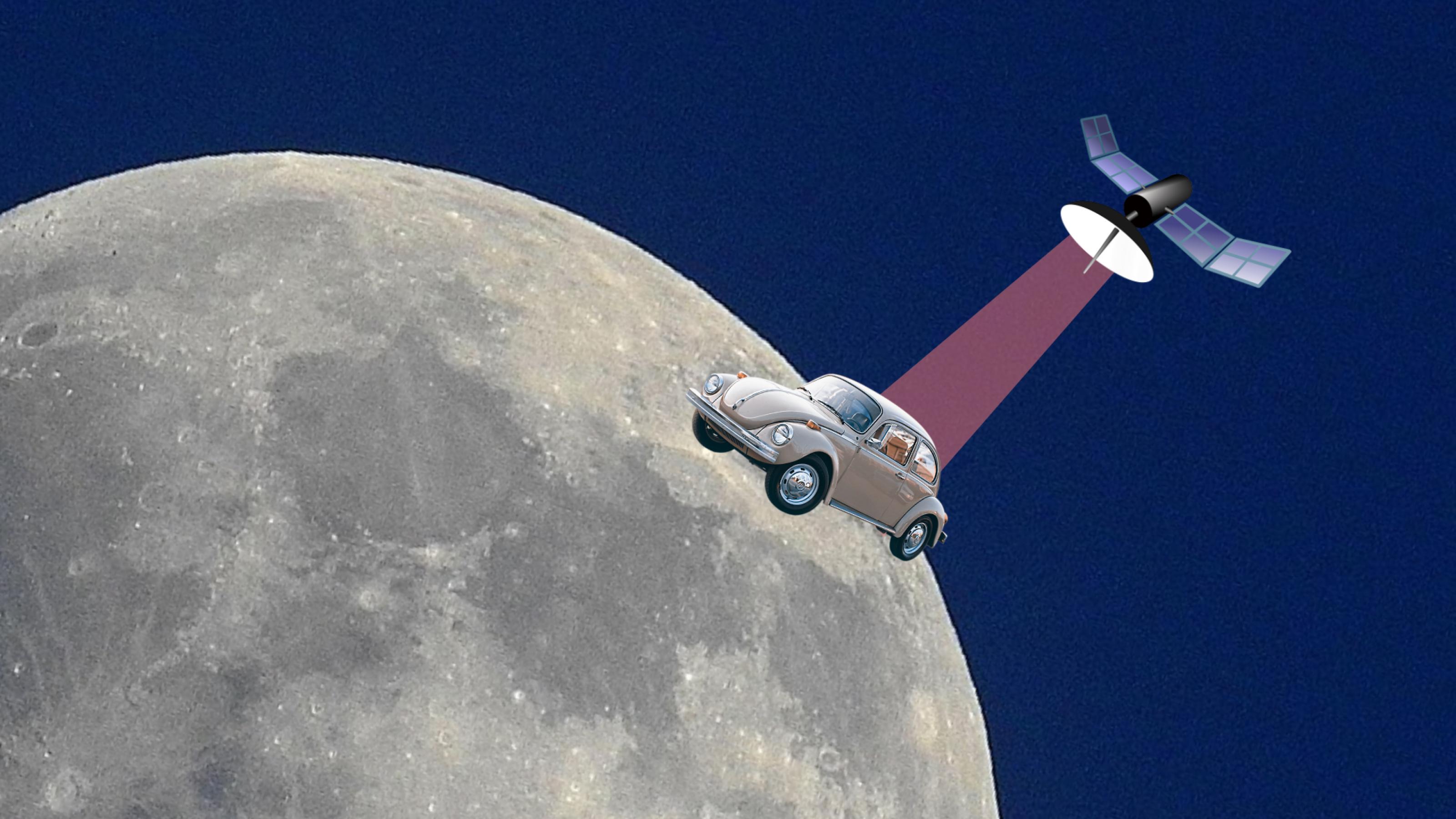 Eine Illustration von einem Fahrzeug auf dem Mond, das durch Energie aus dem Weltraum versorgt wird.