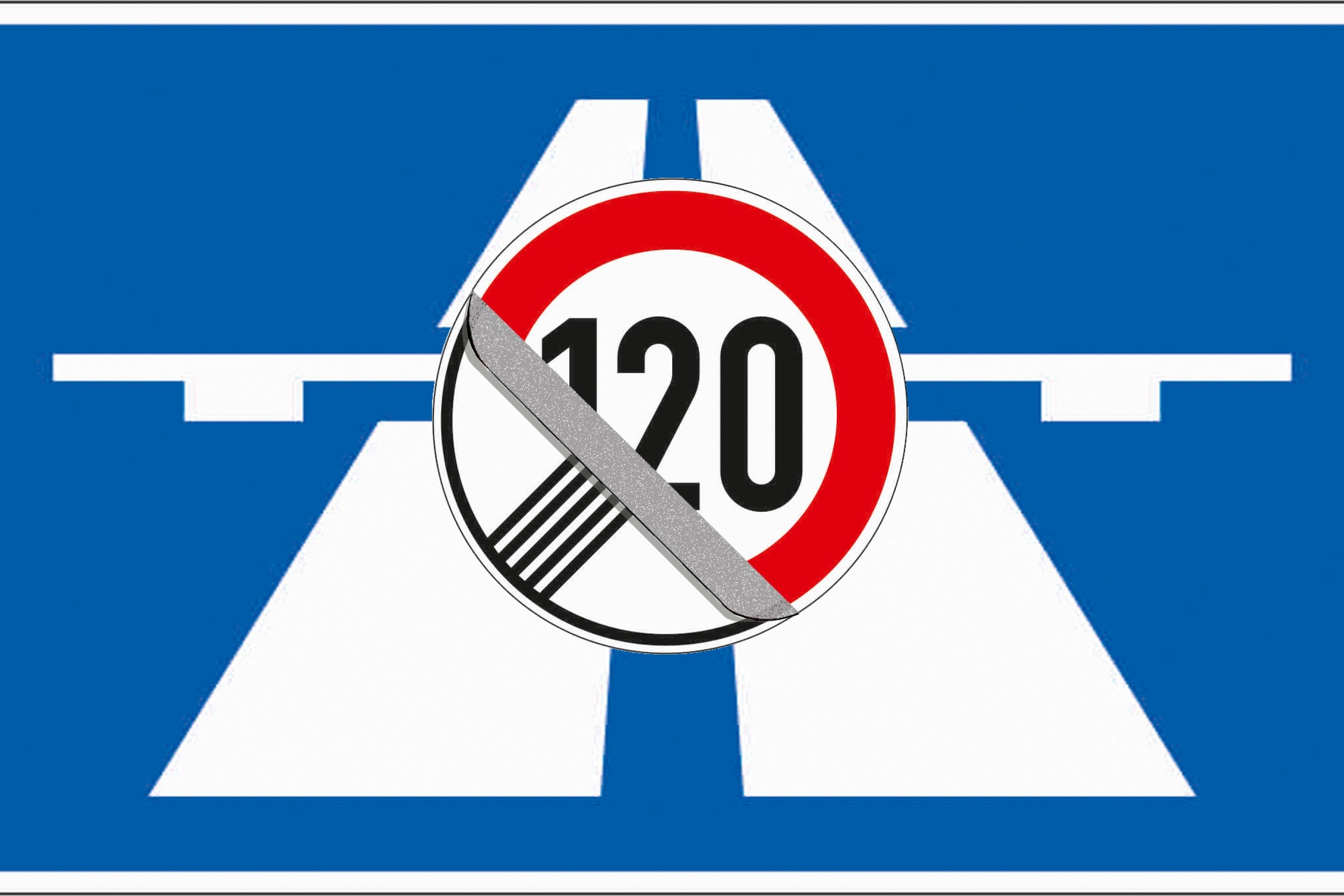 Eine Collage zeigt das blaue Schild der Autobahn, darüber wird Schild „Geschwindigkeitsbeschränkung aufgehoben“ wie ein nutzloser Aufkleber vom darunter liegenden 120-er Schild abgezogen.