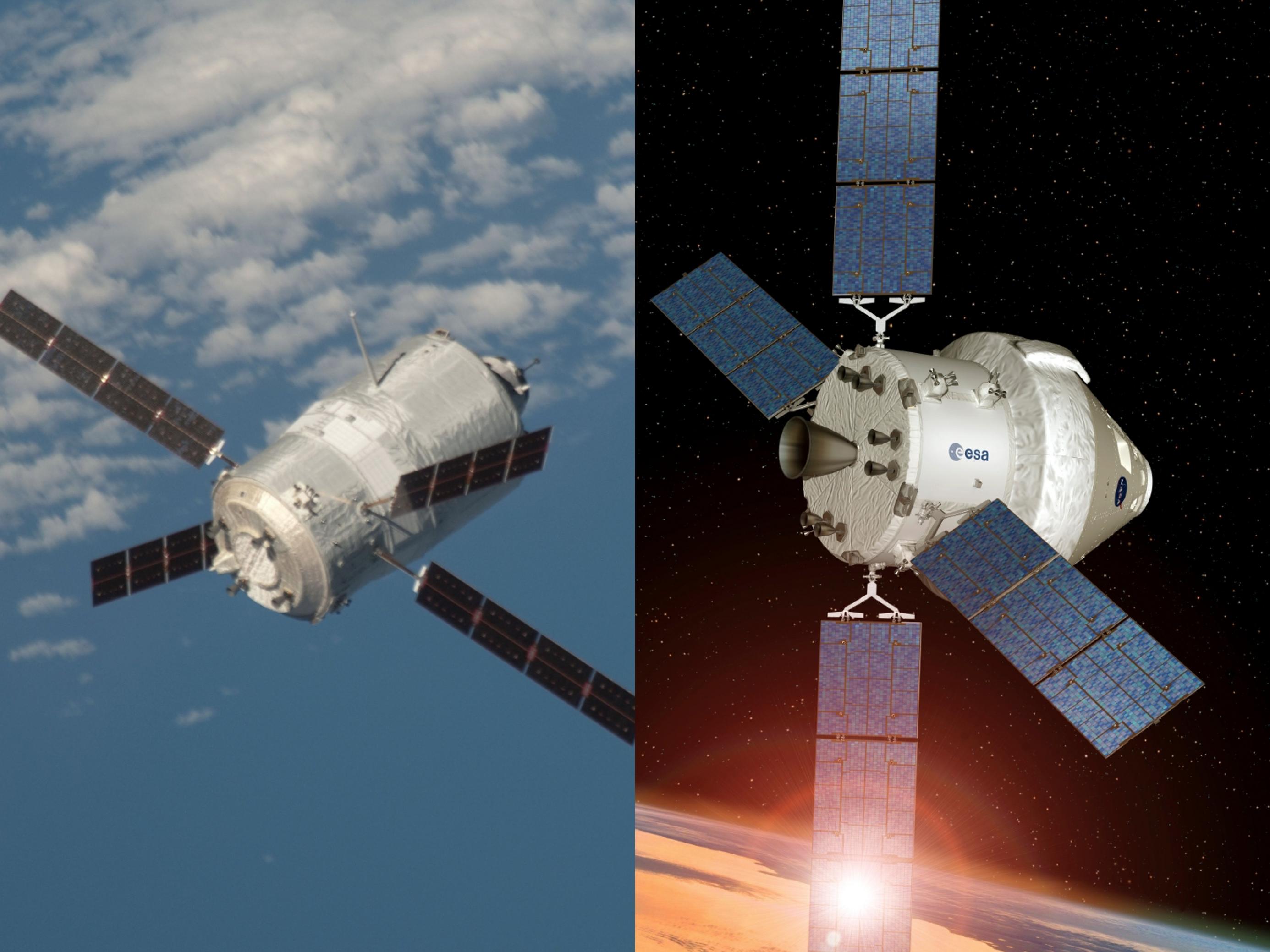 Ein Foto des Automated Transfer Vehicle, eine Grafik des geplanten Orion-Raumschiffs