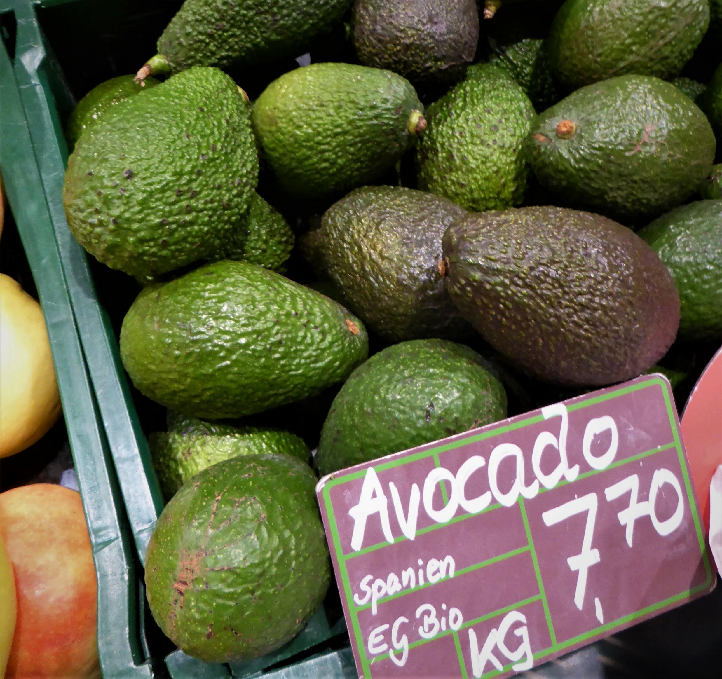 Avocados in einer Plastikkiste mit der Preisauszeichnung „Spanien EG Bio, Kilogramm 7,70 Euro“.