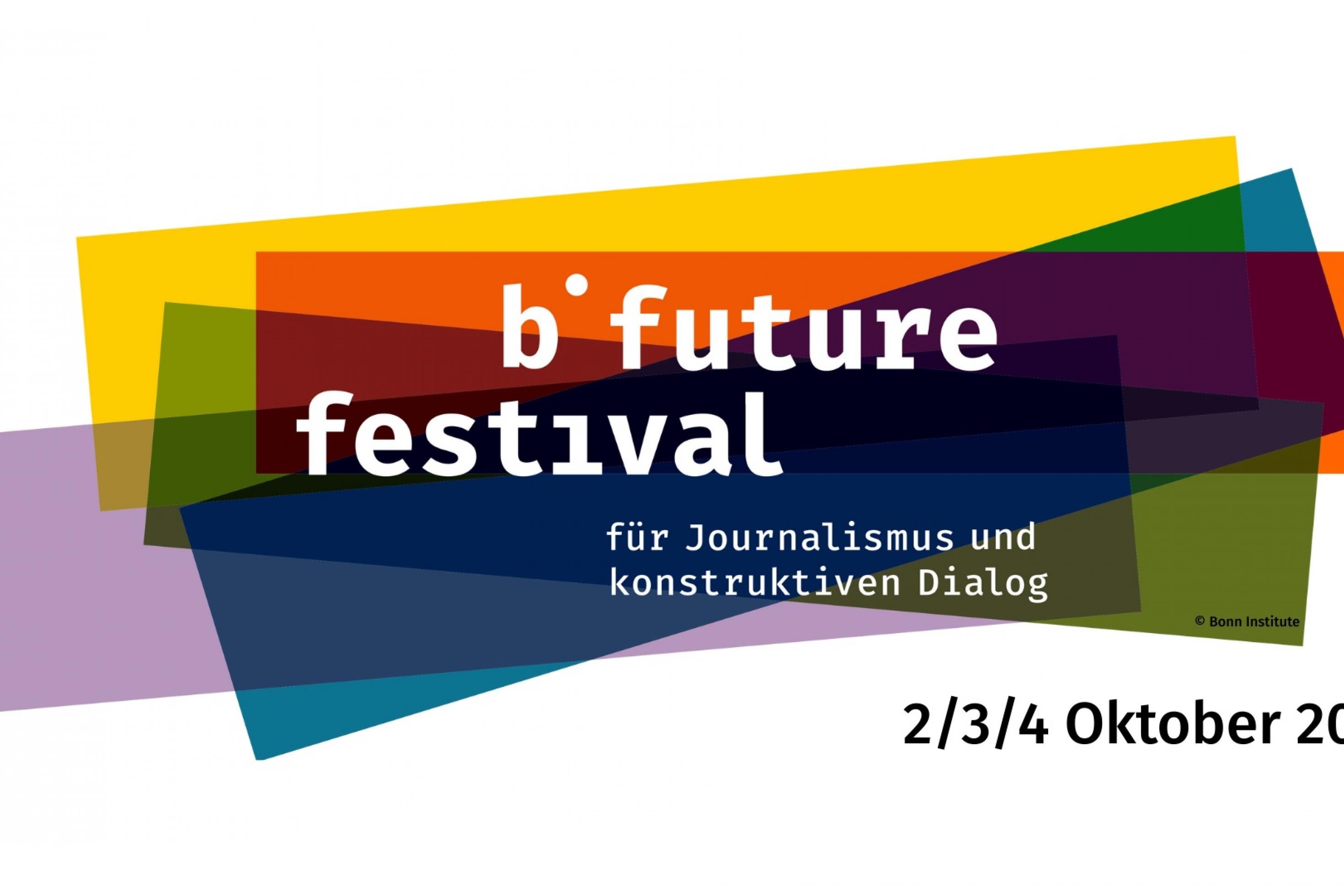 Grafik mit den Worten „b° future festival für Journalismus und konstruktiven Dialog; 2/3/4 Oktober 2025“