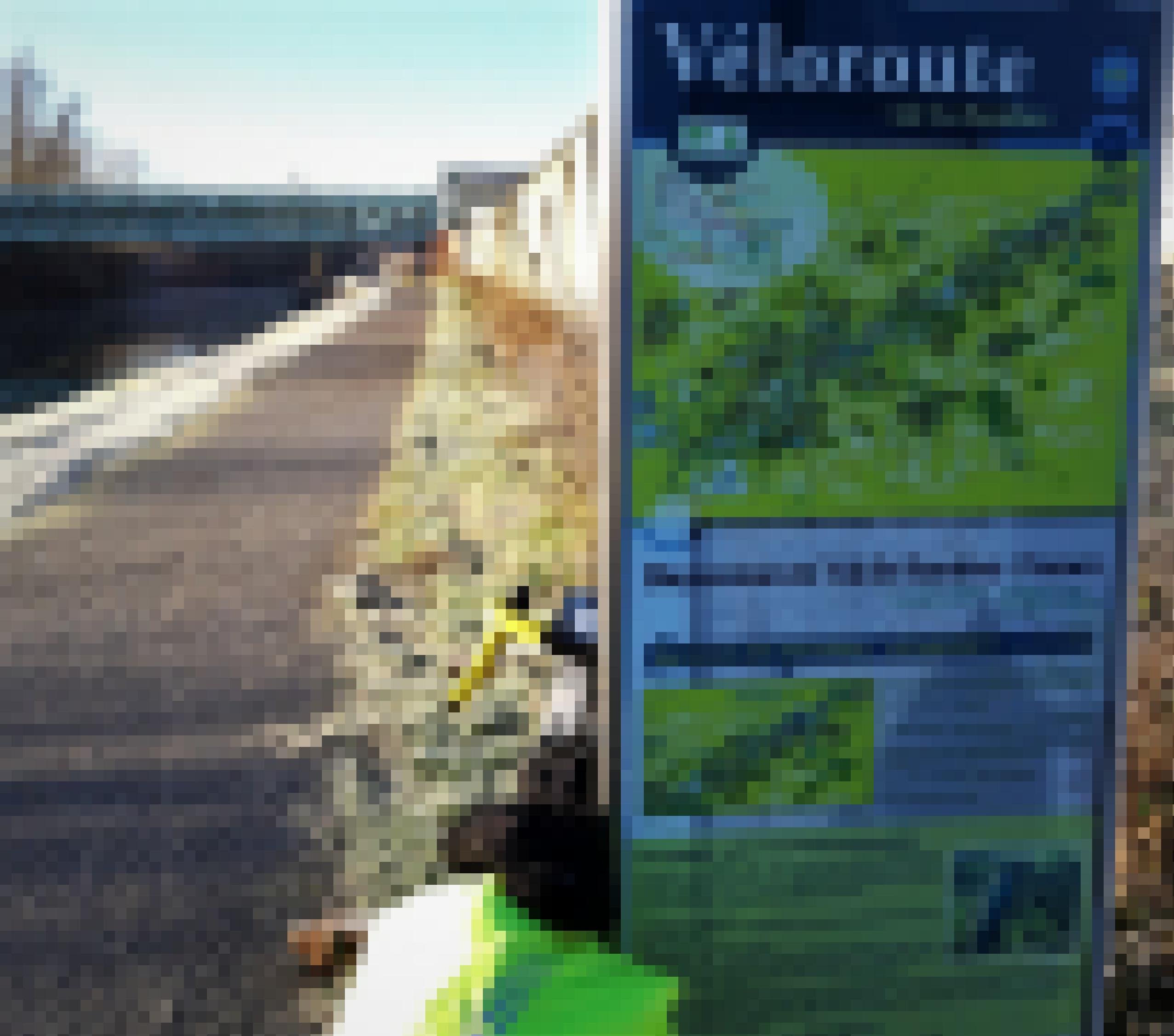 „Bienvenue en Val de Sambre – France“ verheißt das Veloroutenschild, das neben einem sonnenbeschienenen Weg, bedeckt von lockerem, aber glattem feinen Kies, den Radfahrer begrüßt. am Bildrand ist ein Fluss mit Brücke zu sehen.