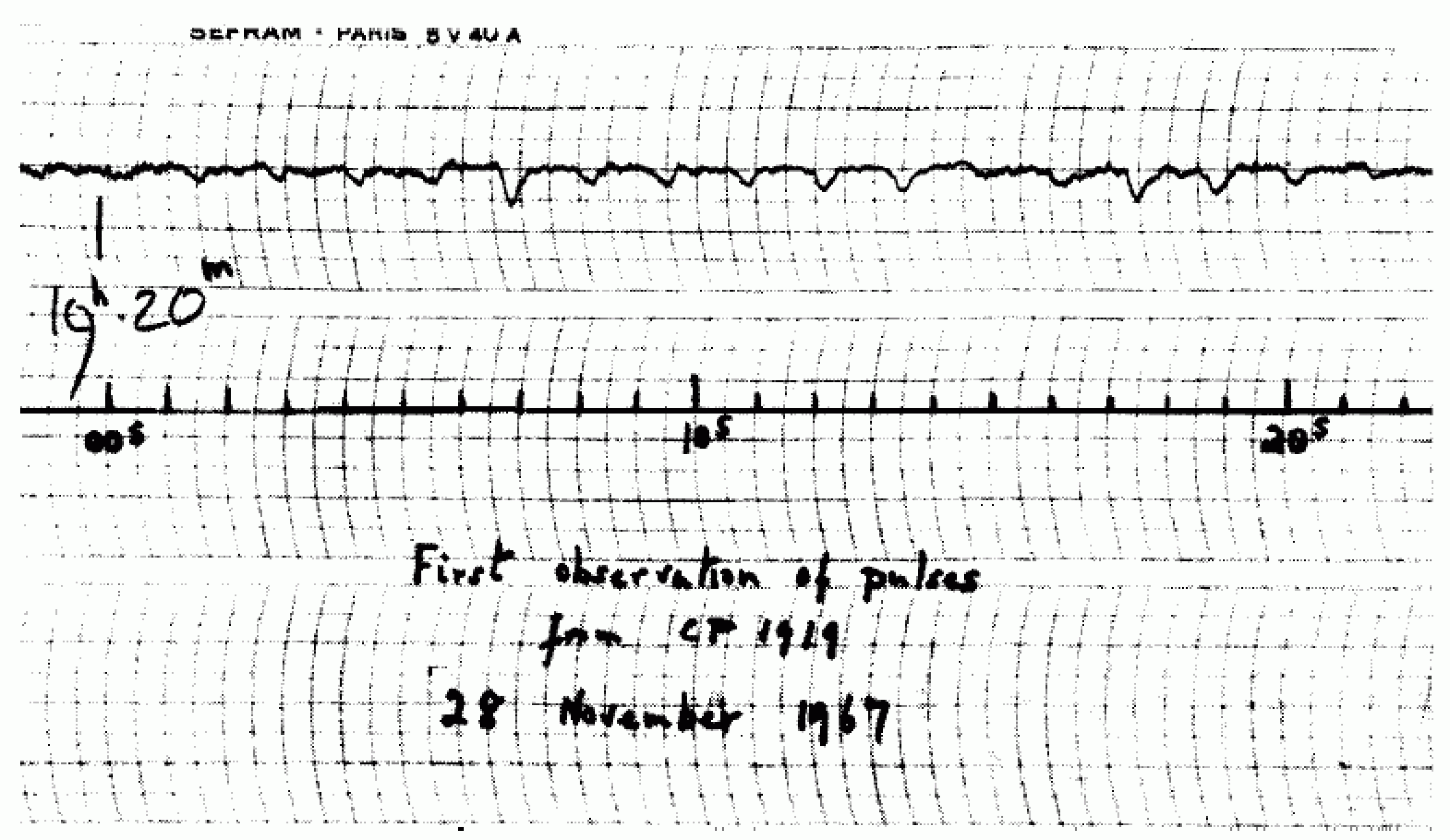 Das erste, zeitlich hochaufgelöste Signal eines Pulsars, aufgenommen von Jocelyn Bell am 28. November 1967. Mit dieser Aufzeichnung überzeugte sie ihren Chef!