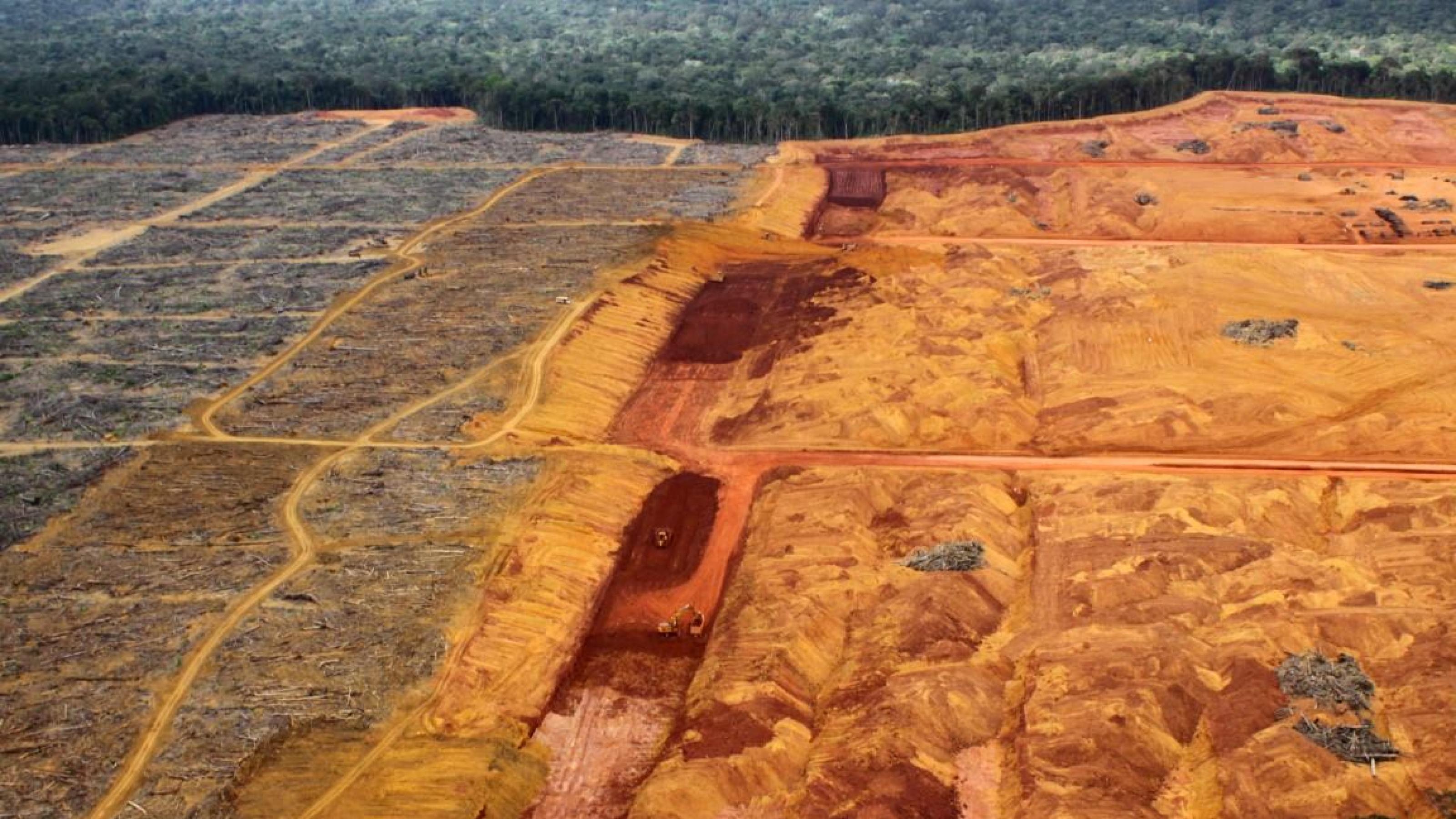 Riesige Flächen Amazonas-Regenwald sind gerodet, um das Erz Bauxit abzubauen. Daraus wird später Aluminium gewonnen.