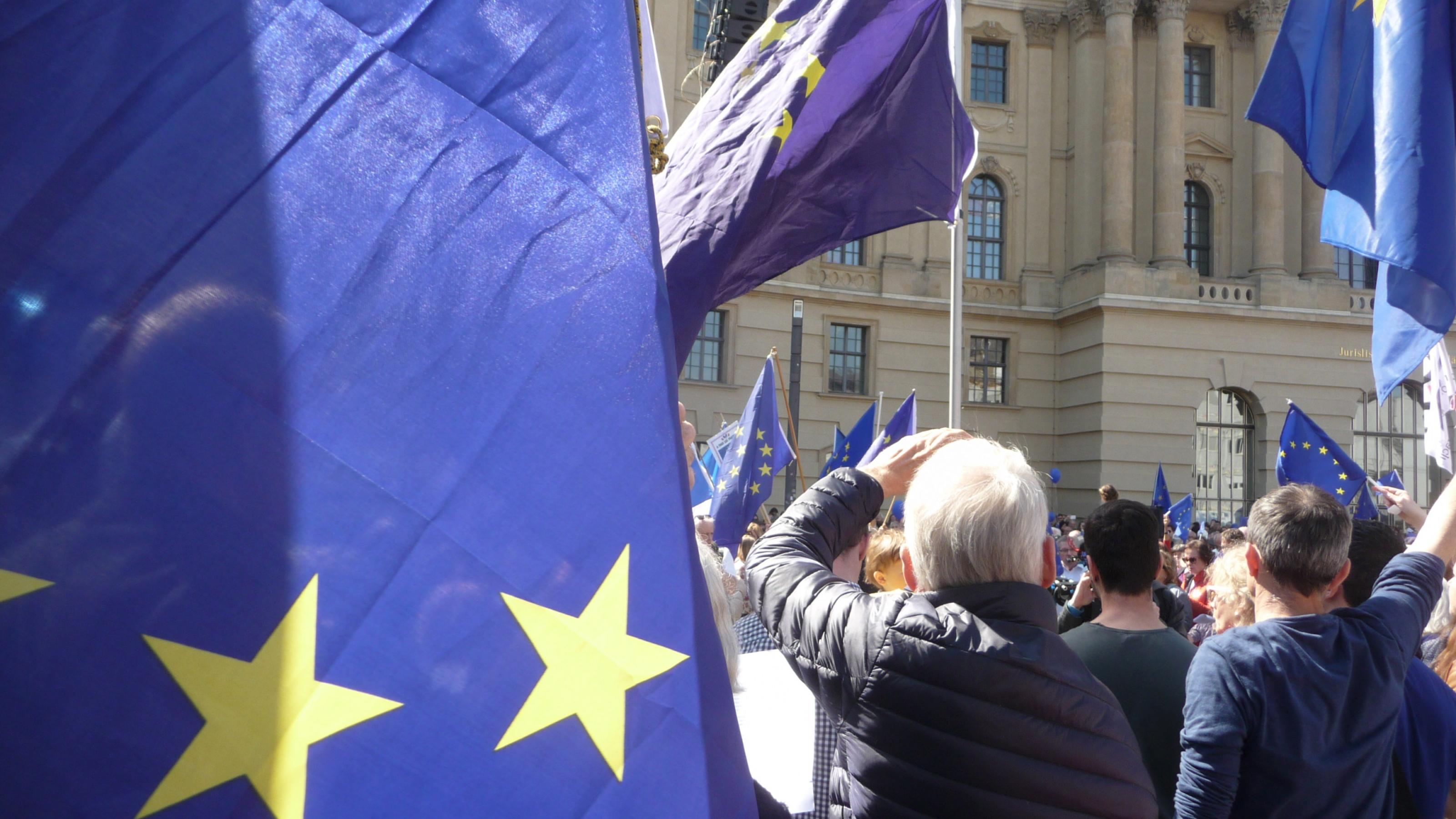 Eine Demonstration mit vielen EU-Fahnen.