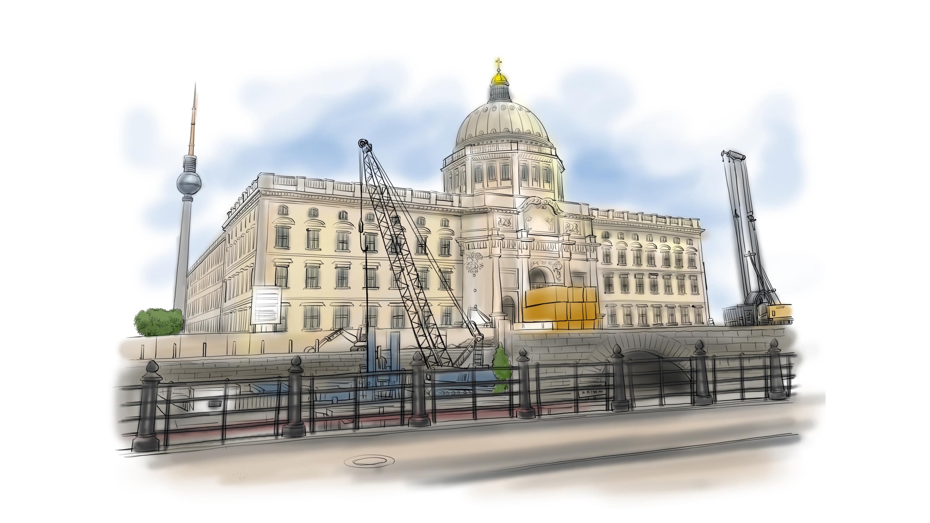 Das Bild zeigt die Baustelle Berliner Schloss. Ein Kran und zwei Bagger sind zu sehen. Im Hintergrund der Fernsehturm.
