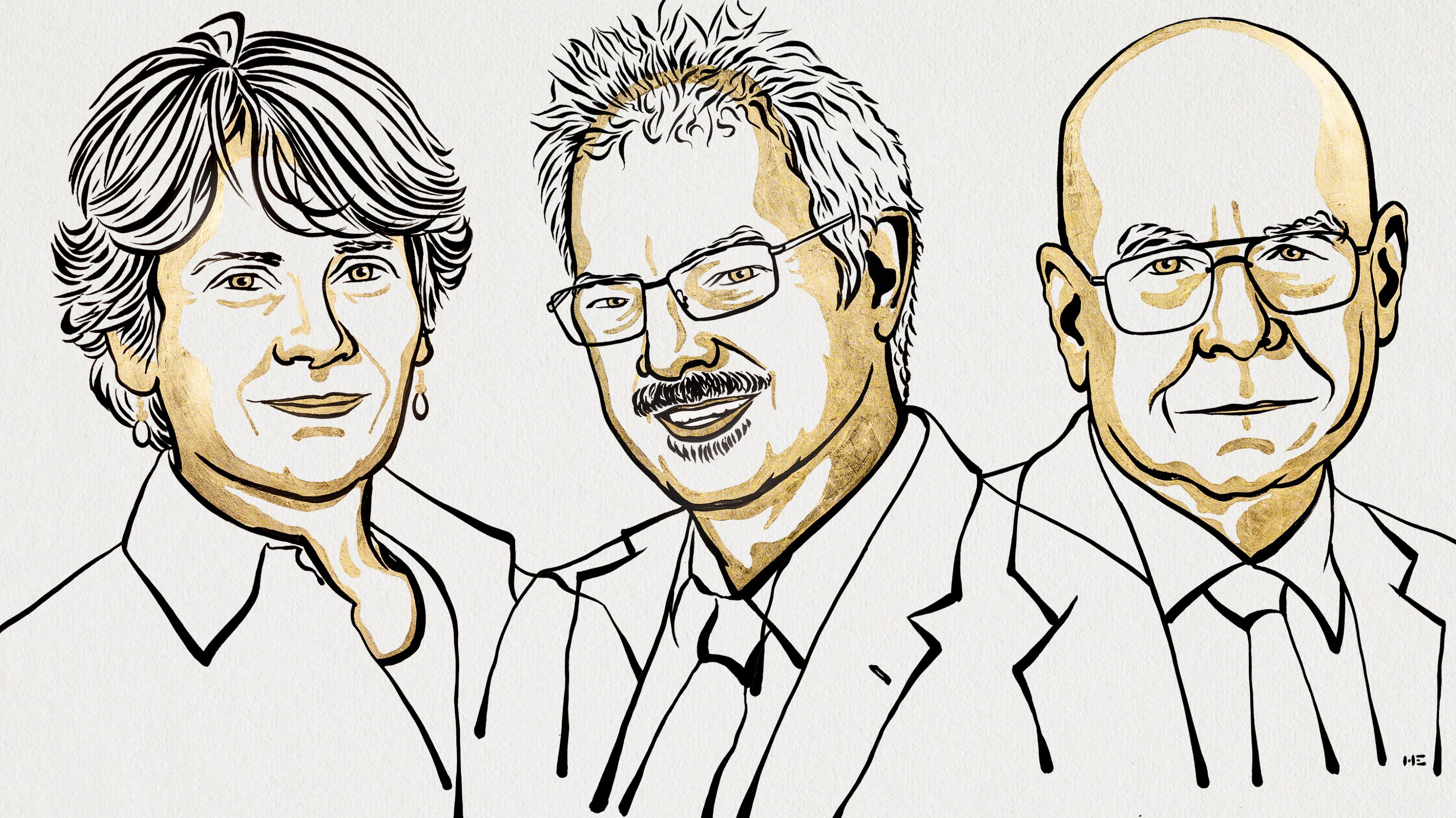 Illustration der drei Gewinner des Nobelpreises für Chemie 2022: Bertozzi, Meldal, Sharpless