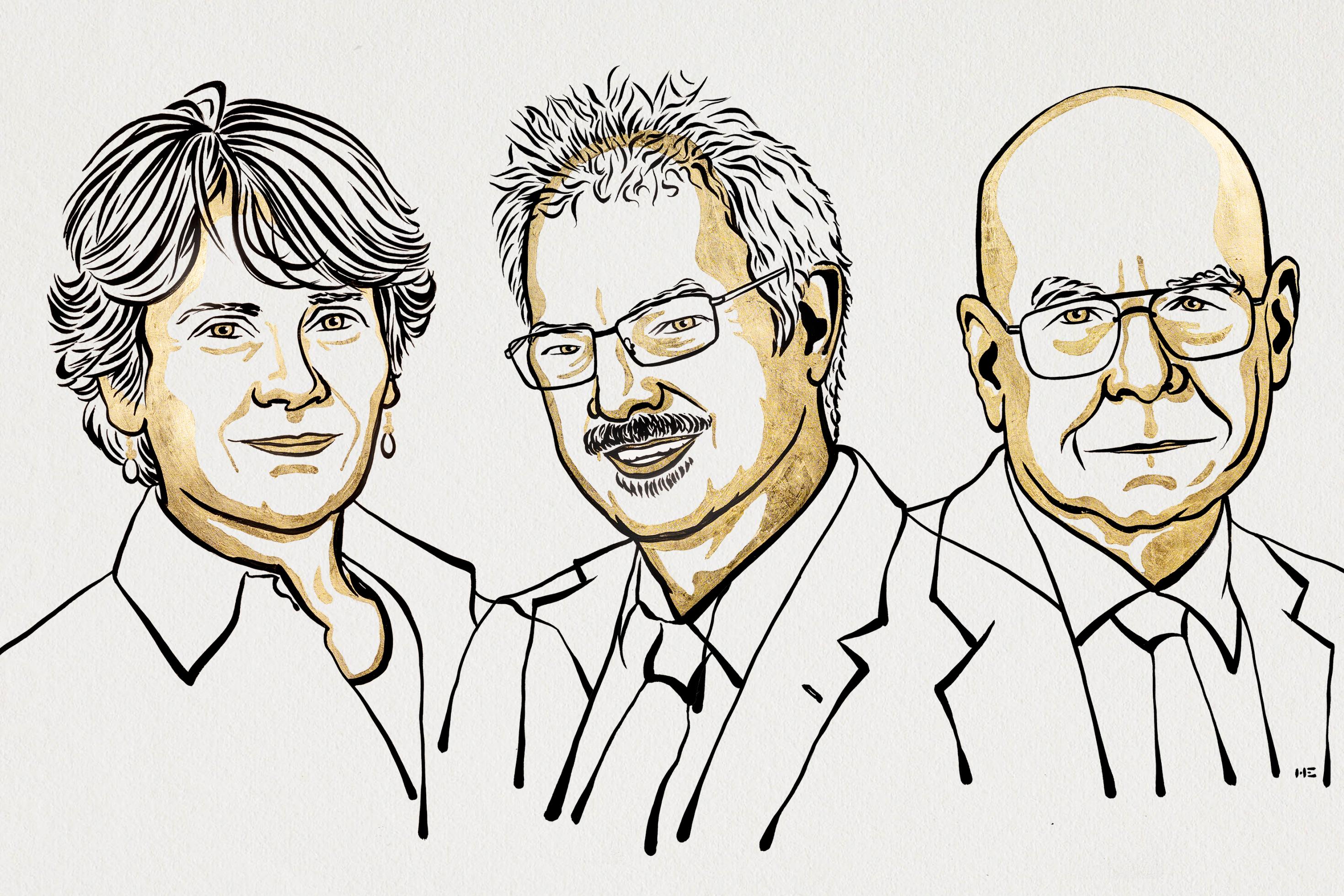 Illustration der drei Gewinner des Nobelpreises für Chemie 2022: Bertozzi, Meldal, Sharpless
