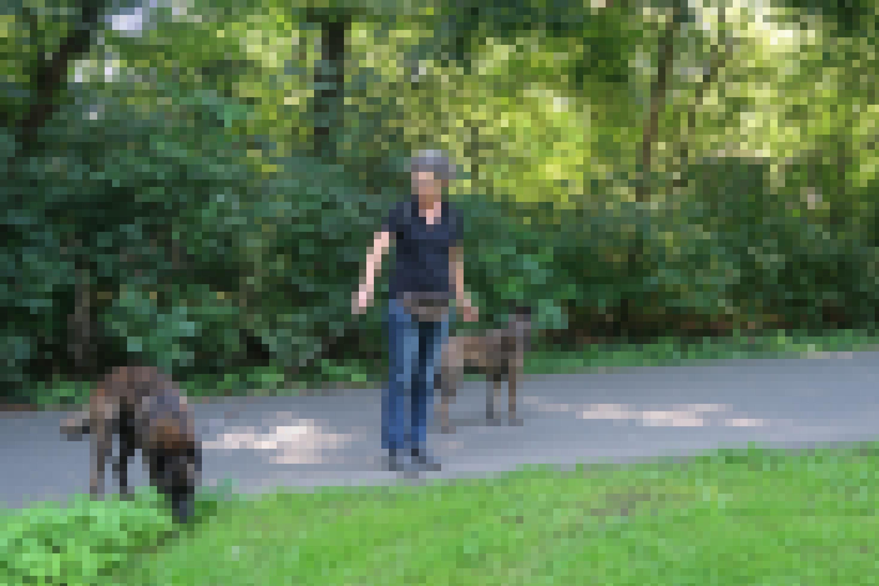 Sonja Rolauf geht mit ihren beiden Hunden in einem Wäldchen spazieren.