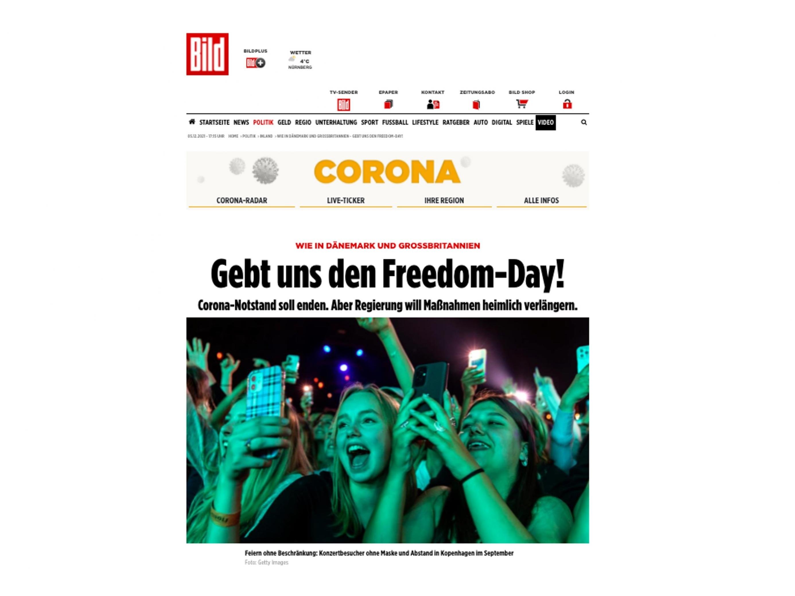 Bild-Zeitung Schlagzeile „Gebt uns den Freedom Day“.