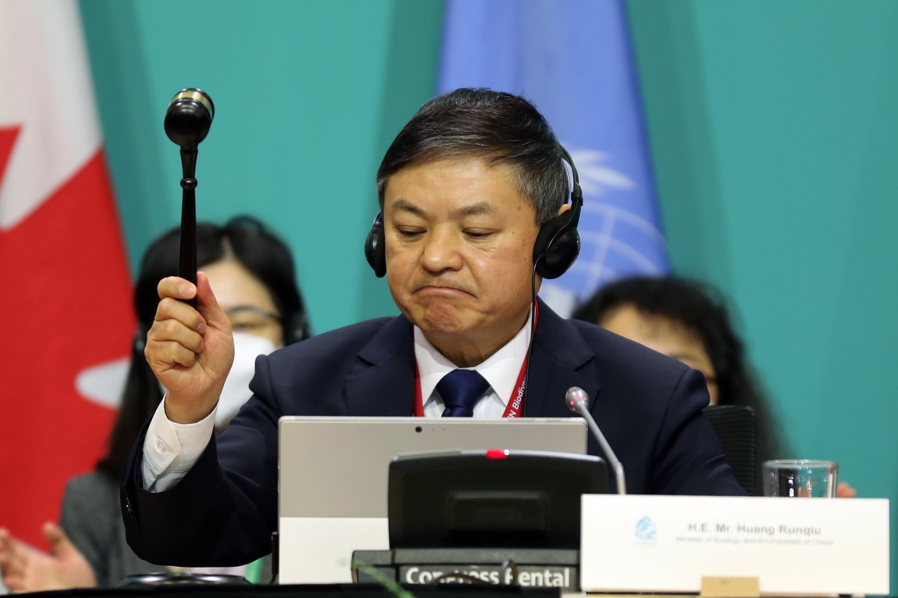 Chinese auf Podium mit Hammer in der Hand vor Fahnen der UN und Kanadas.