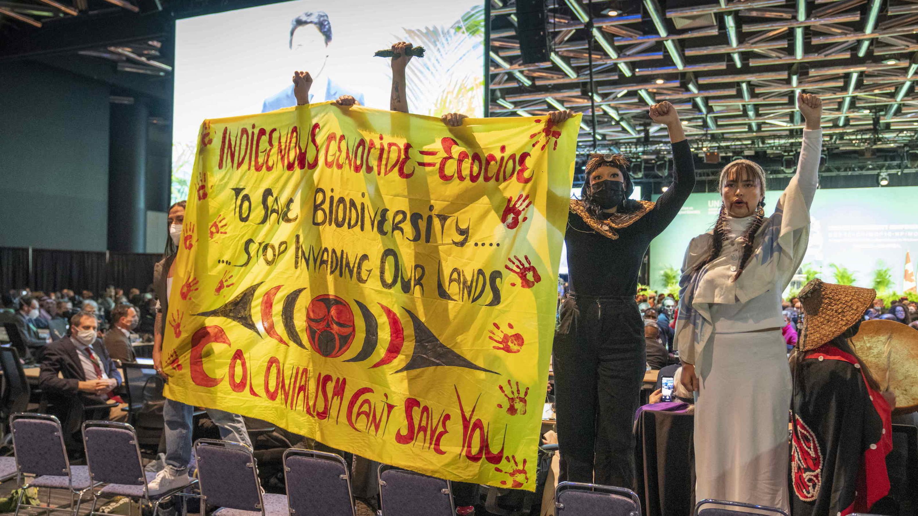 Indigene Frauen halten Plakat hoch mit der Botschaft Genozid an Indigenen gleich Genozid an der Natur.