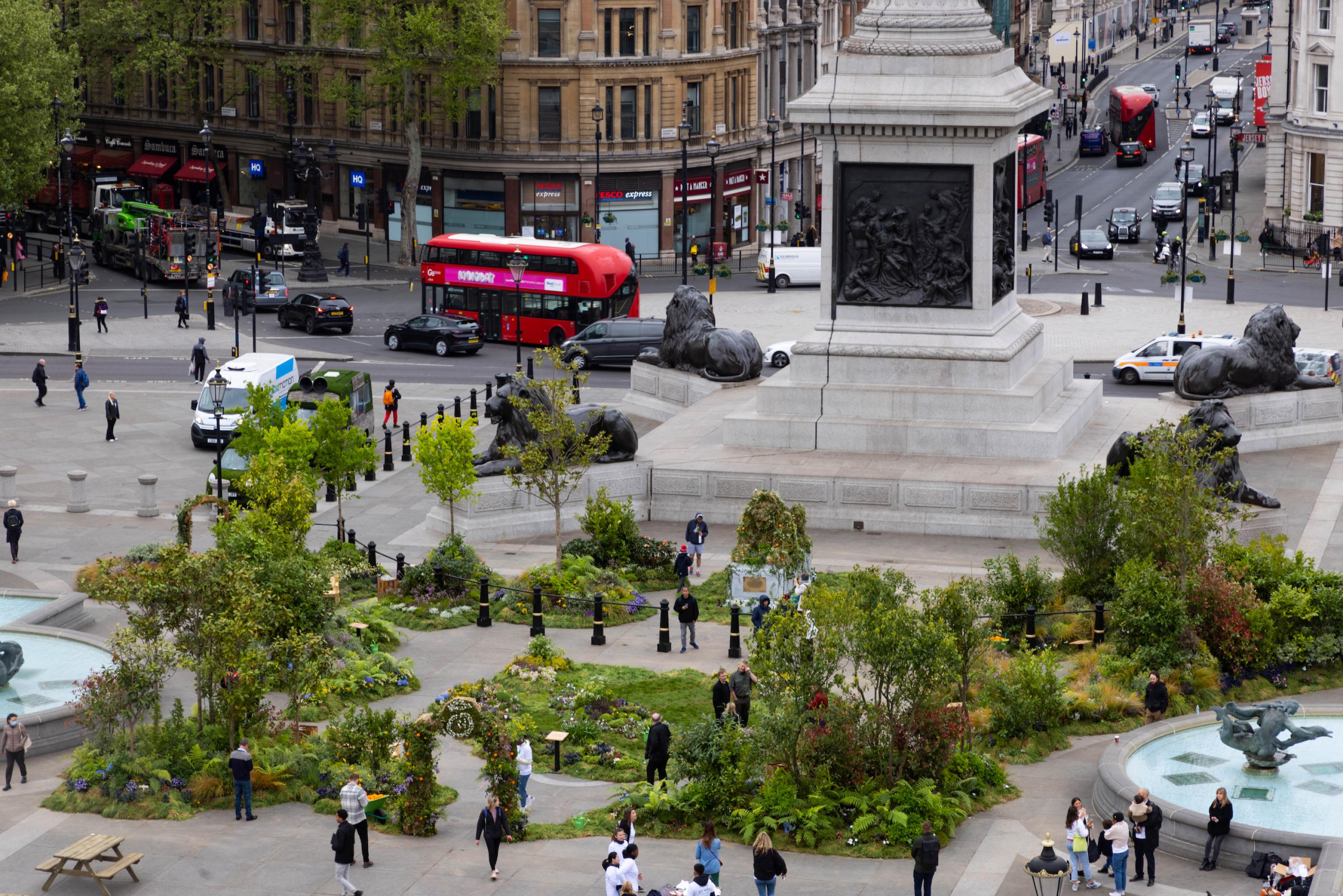 Begrünter Trafalger Square in London.