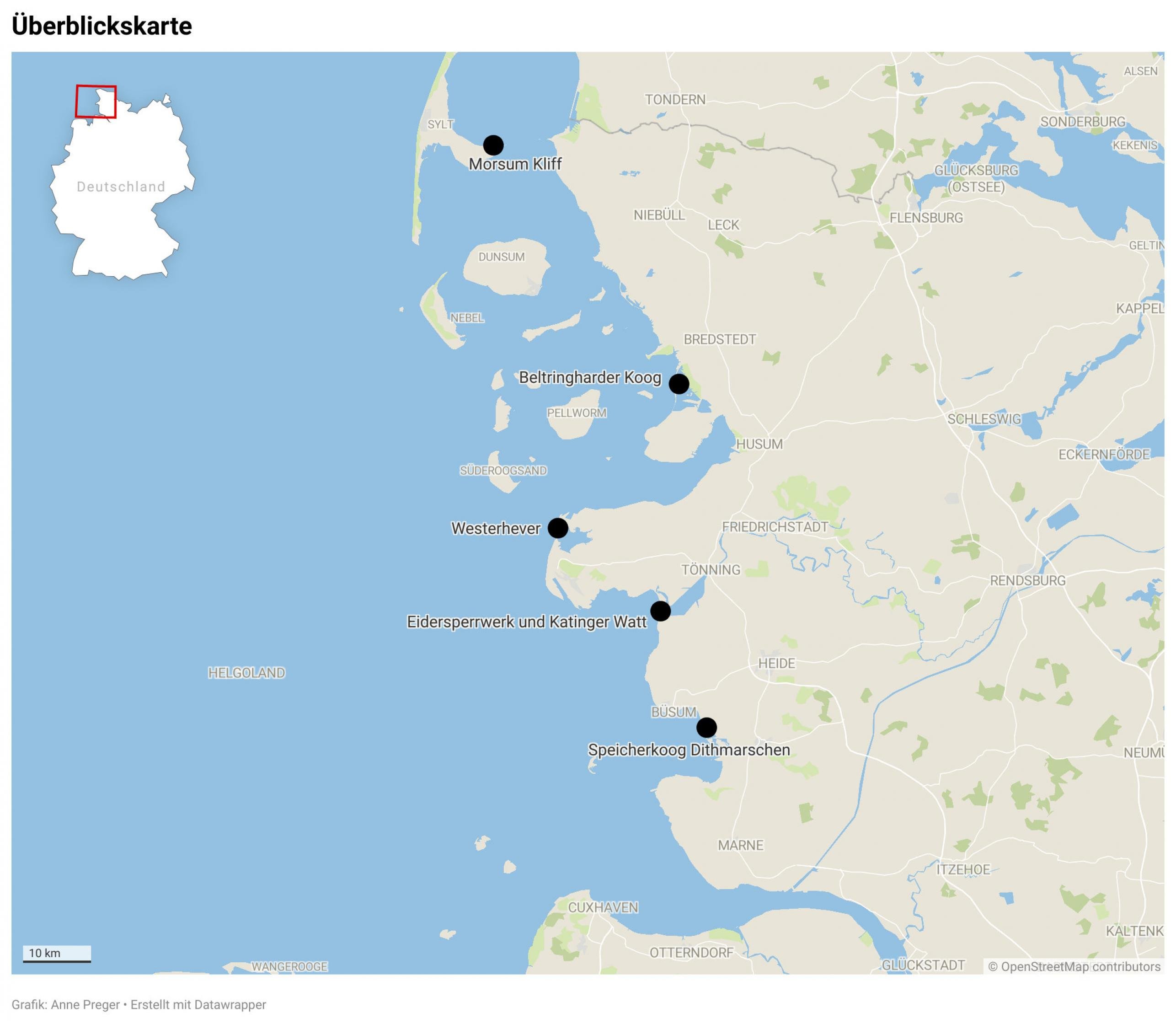 Eine Karte der Nordseeküste von Schleswig-Holstein, markiert sind fünf  verschiedene Orte, wo sich Vögel gut beobachten lassen.
