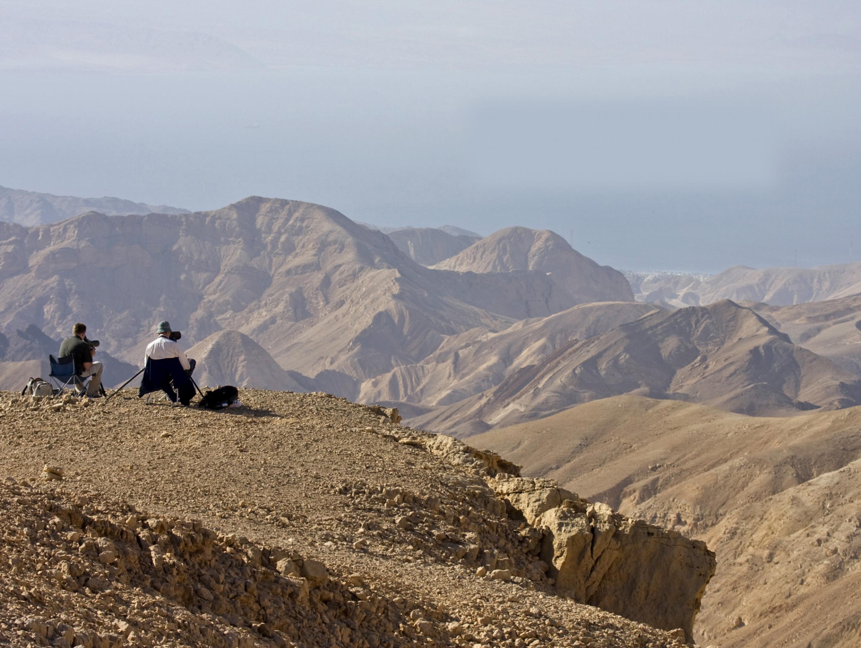 Zwei Vogelbeobachter sitzen auf einem Bergrücken inmitten der Steinwüste