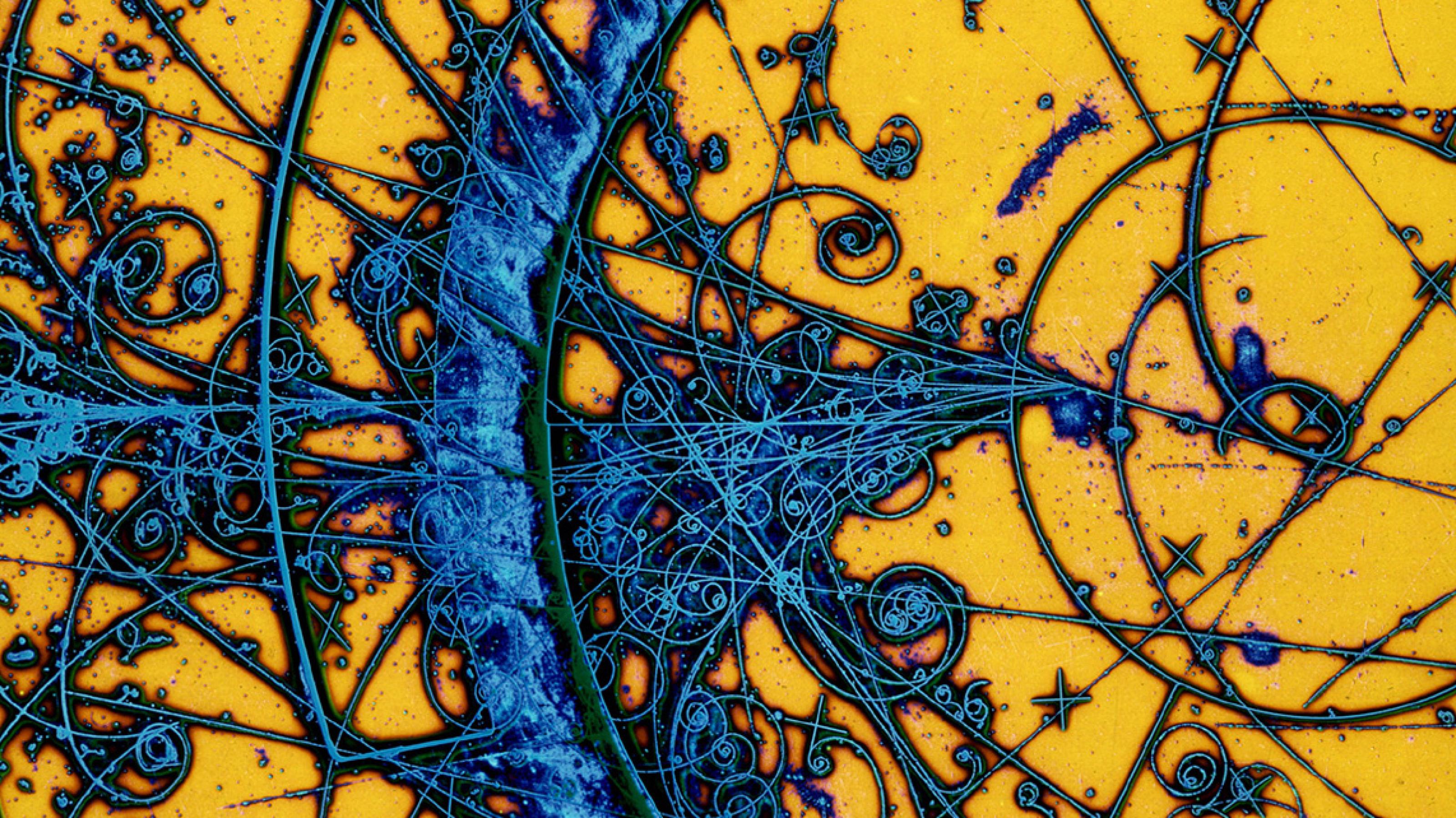 Eine kolorierte Aufnahme einer Bubble Chamber zeigt einen gelben Hintergrund mit blau eingefärbten Teilchenspuren, die teilweise gebogen und spiralförmig sind.