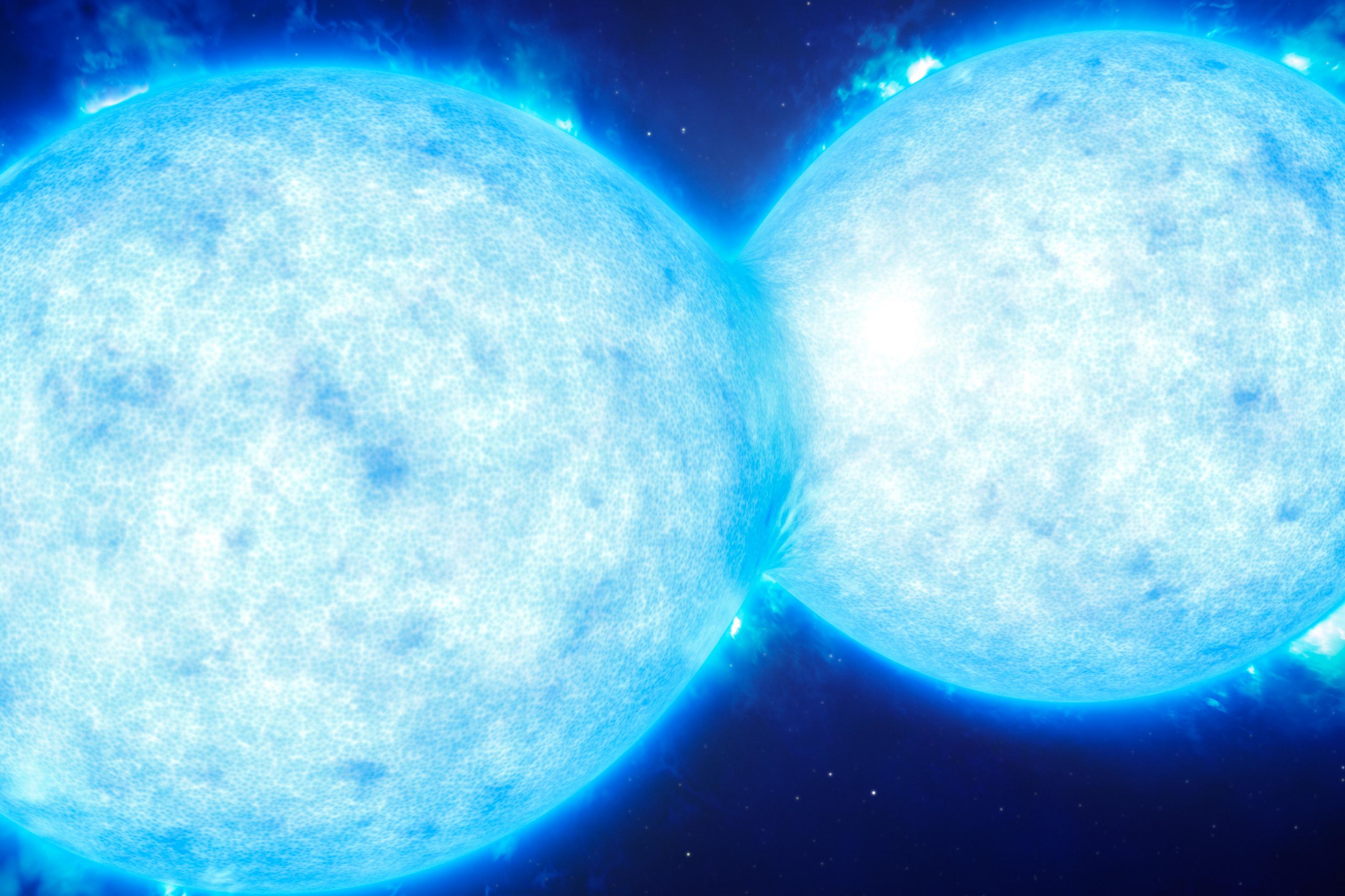 Fotorealistische Grafik zweier sehr blauer Sterne im All, mit körniger Oberfläche und Eruptionen am Rand. Die zwei Sterne berühren sich.