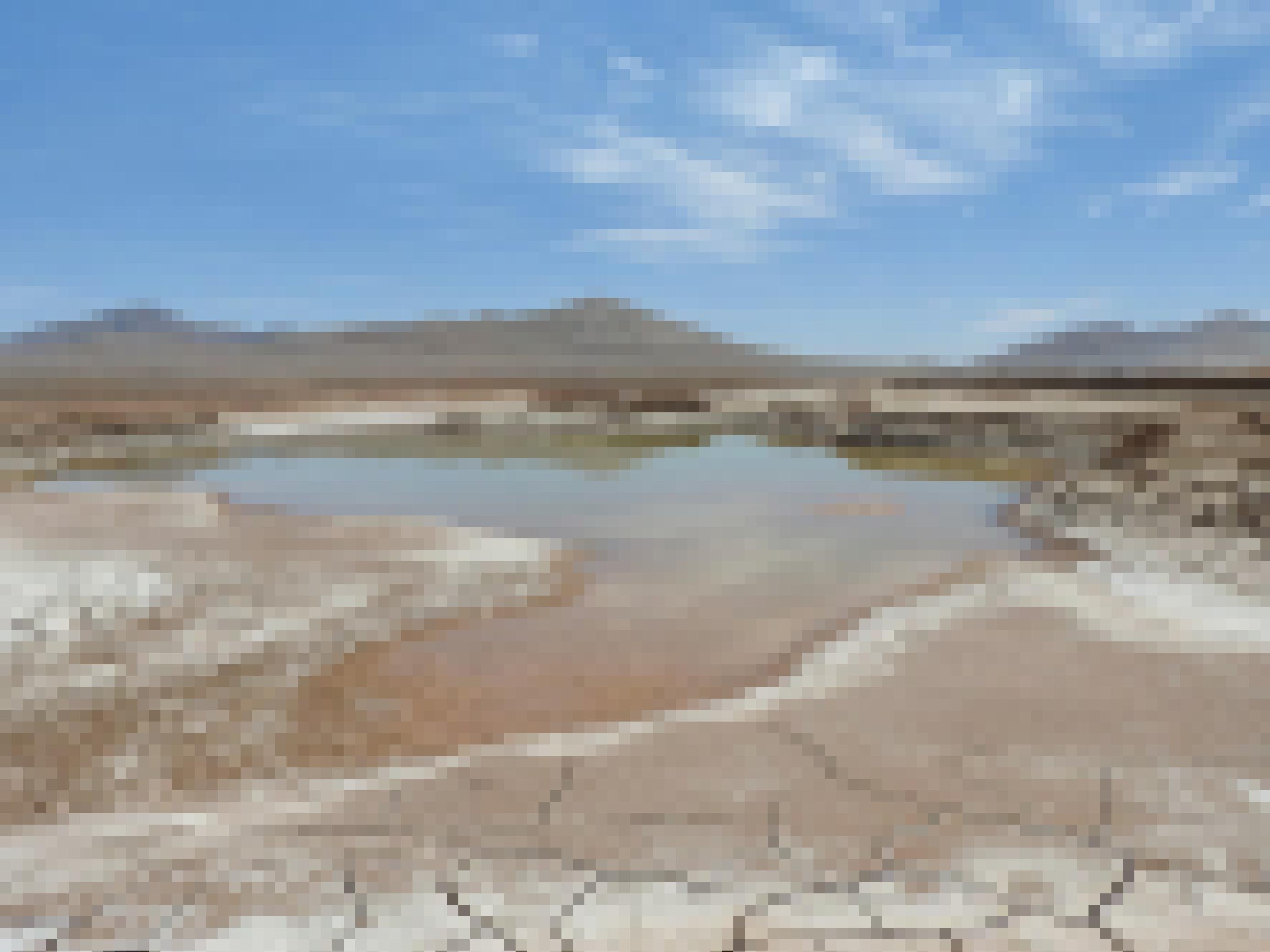In einer weitgehend trockenen Wüstenlandschaft hat sich ein Wasserpool gebildet.