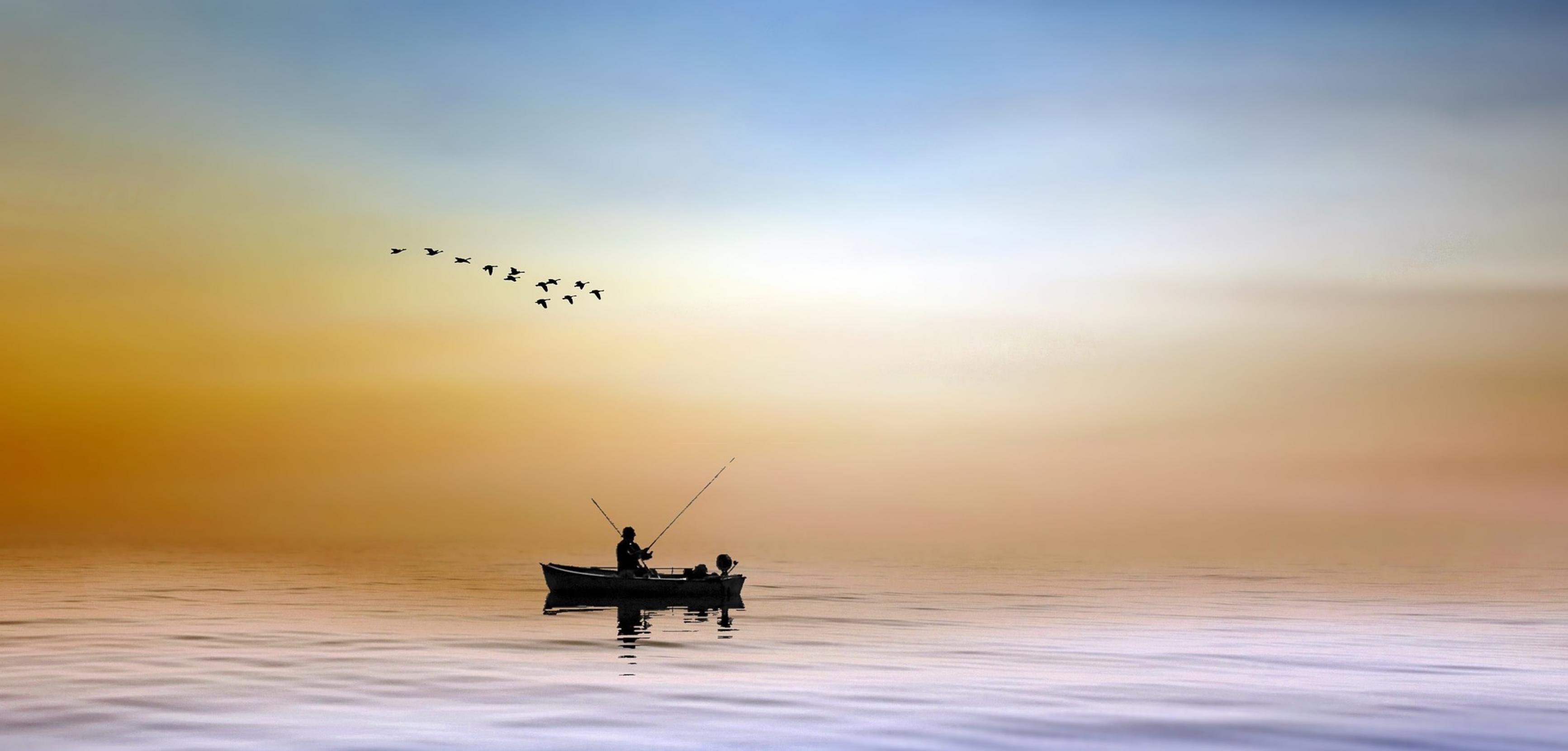 Ein einsames kleines Ruderboot auf ruhiger See, darüber fliegende Seevögel.