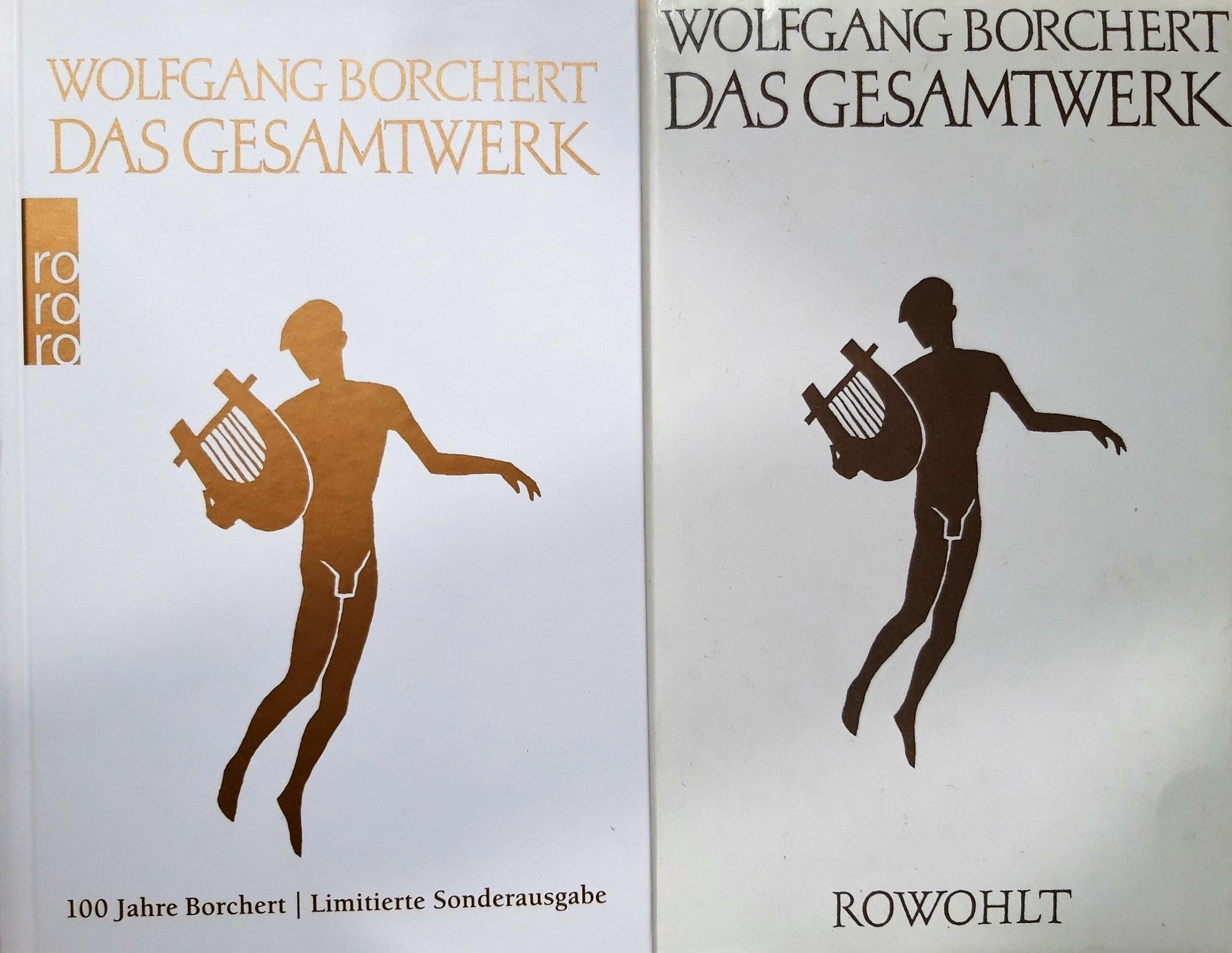 Coverabbildung mit die Haupttitel „Wolfgang Borchert: Das Gesamtwerk“; darunter die Umrisse einer klassizistischen, eine Leier haltenden Künstlerfigur.