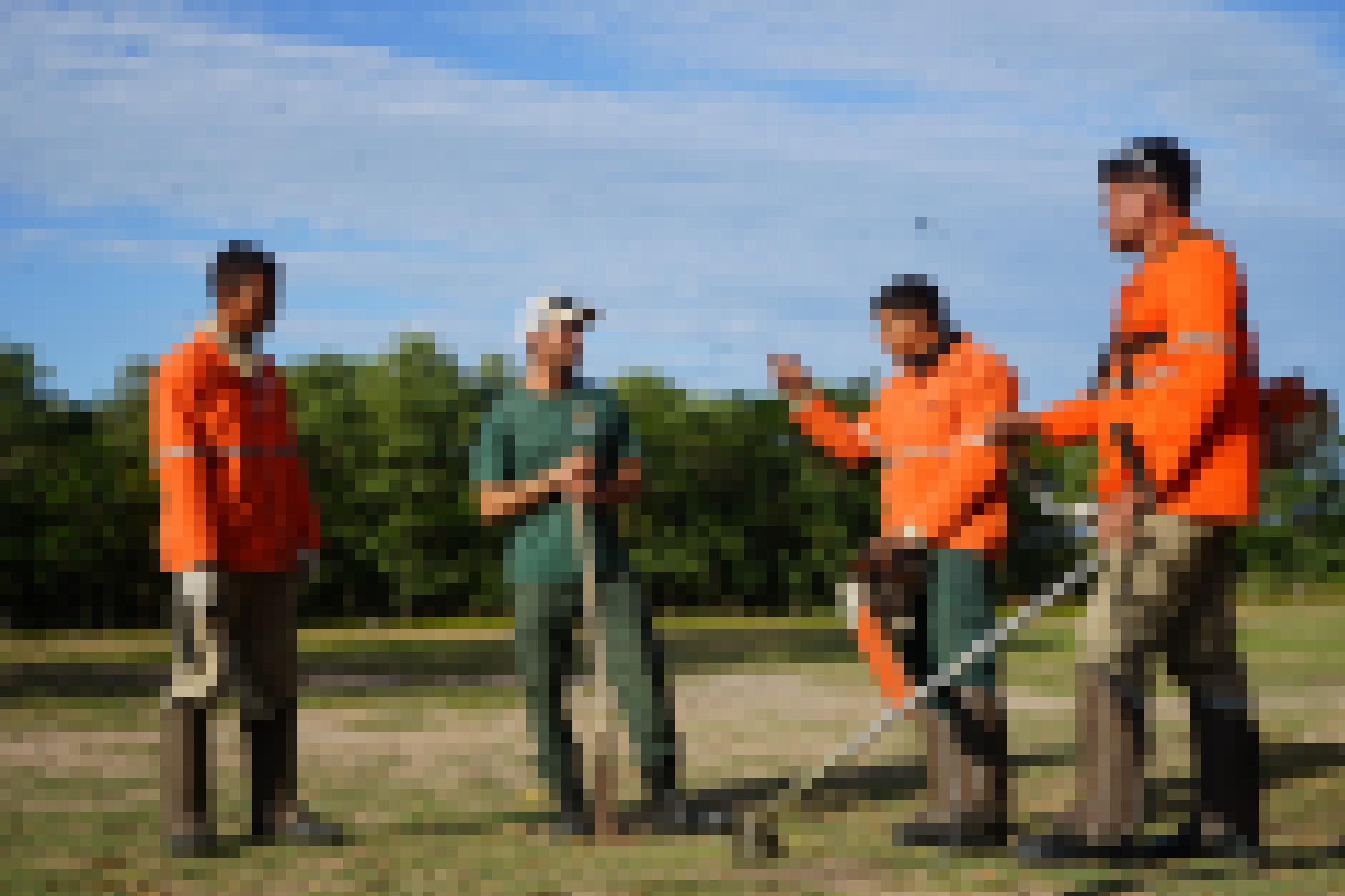 Männer in orangenen Brandschutzuniformen und mit Motorsägen und Macheten stehen in einem Kreis.