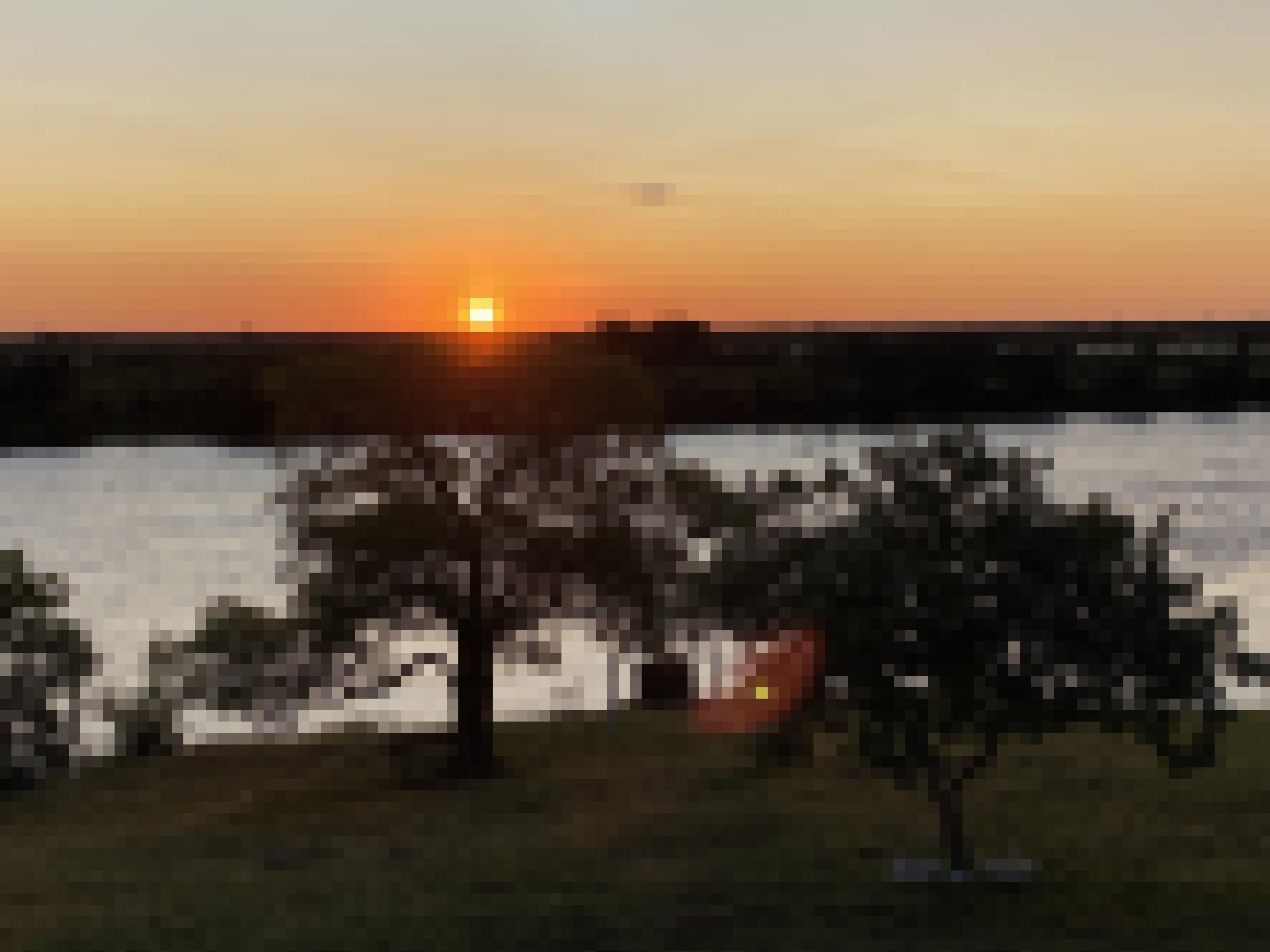 Eine orangerote Sonne am Horizont, Morgenröte, die sich im Fluss spiegelt und davor eine ausladende Baumkrone.