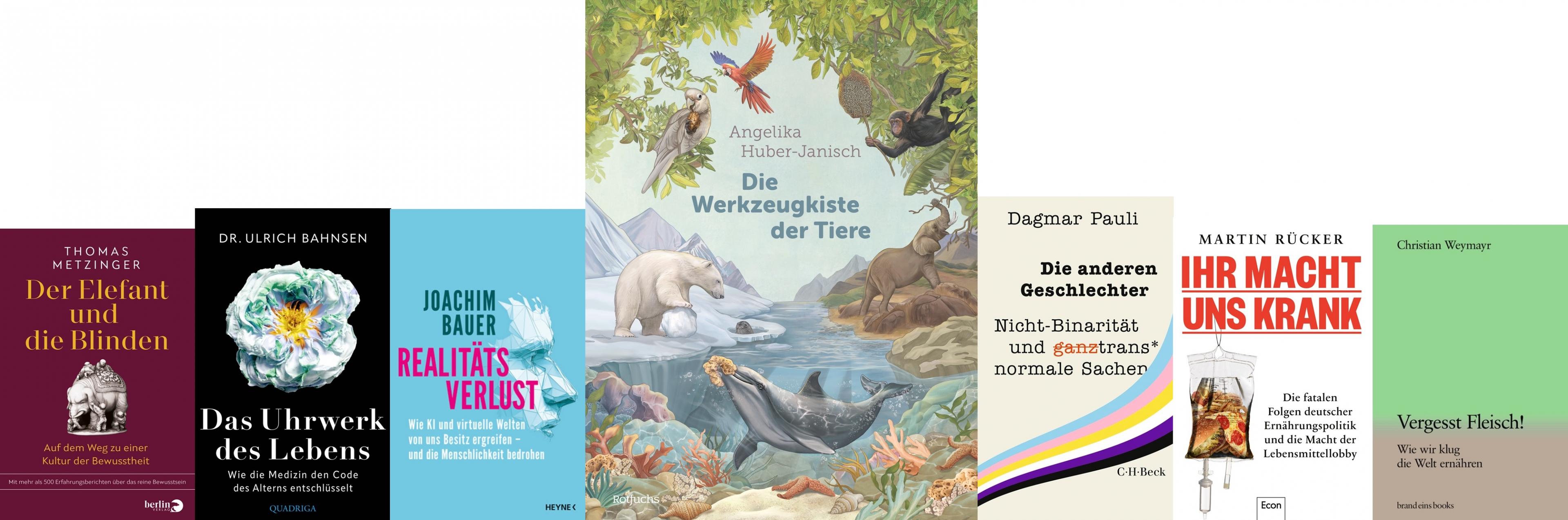 Mehrere Buchcover nebeneinander. Hervorgehoben ist das Buch „Die Werkzeugkiste der Tiere“.