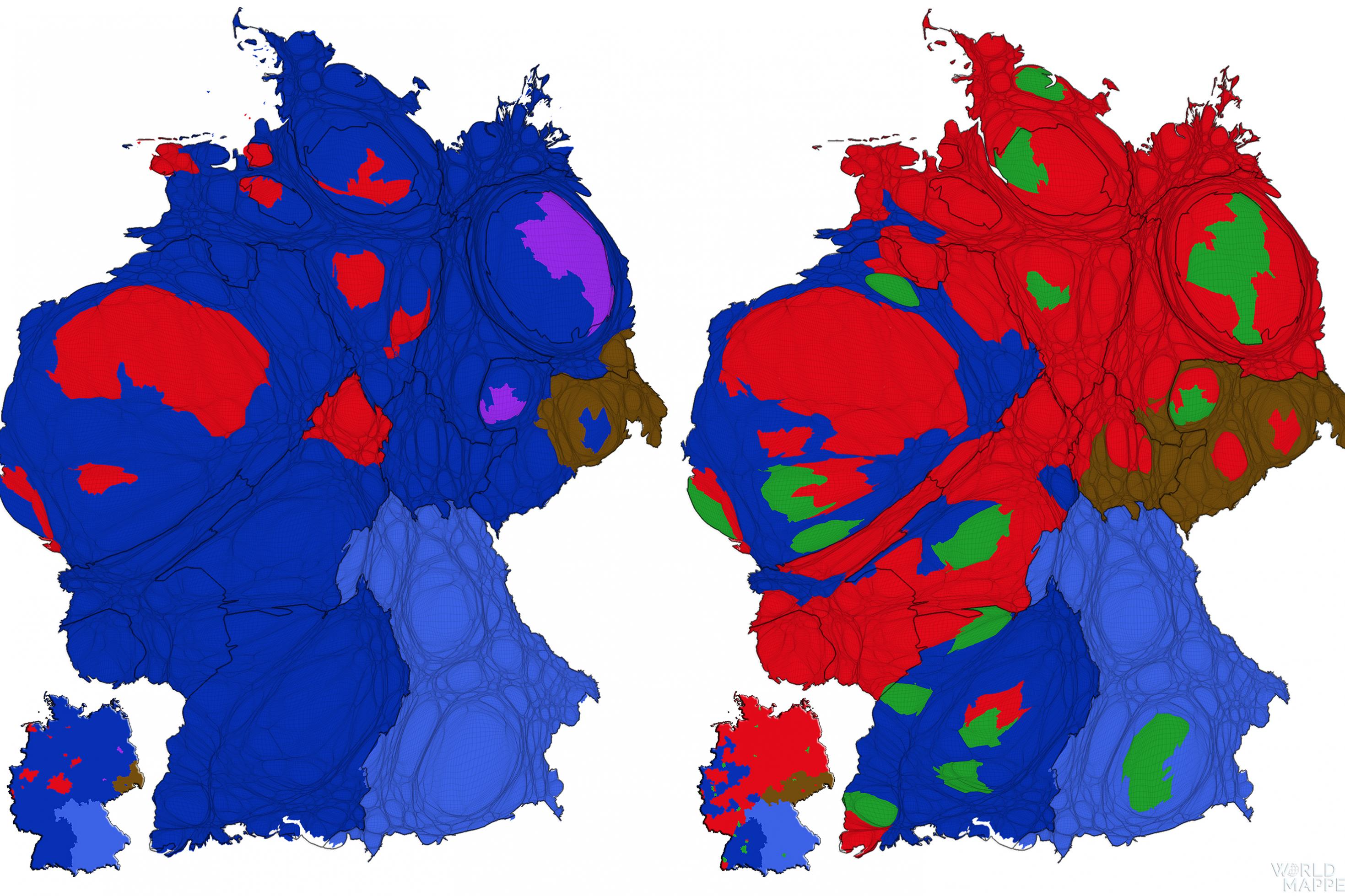 Geographische Verteilung der Zweitstimmensieger Bundestagswahlen 2017 und 2021 im Vergleich. Die Karten zeigen ein Bevölkerungskartogramm in dem die Landoberfläche proportional zur dort lebenden Menschen dargestellt ist.