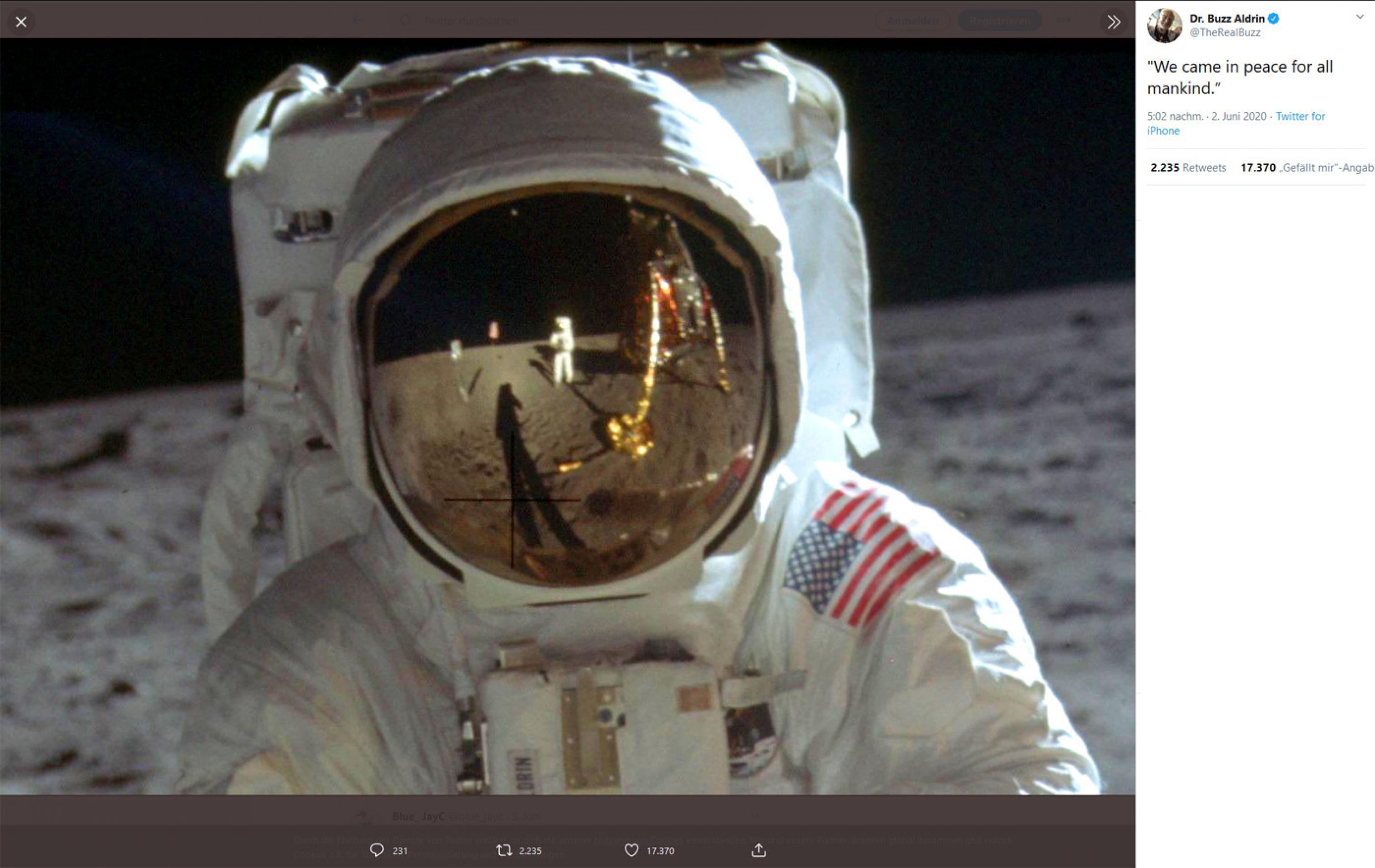 Buzz Aldrin, 1969 fotografiert von Neil Armstrong auf dem Mond. We came in peace for all mankind.