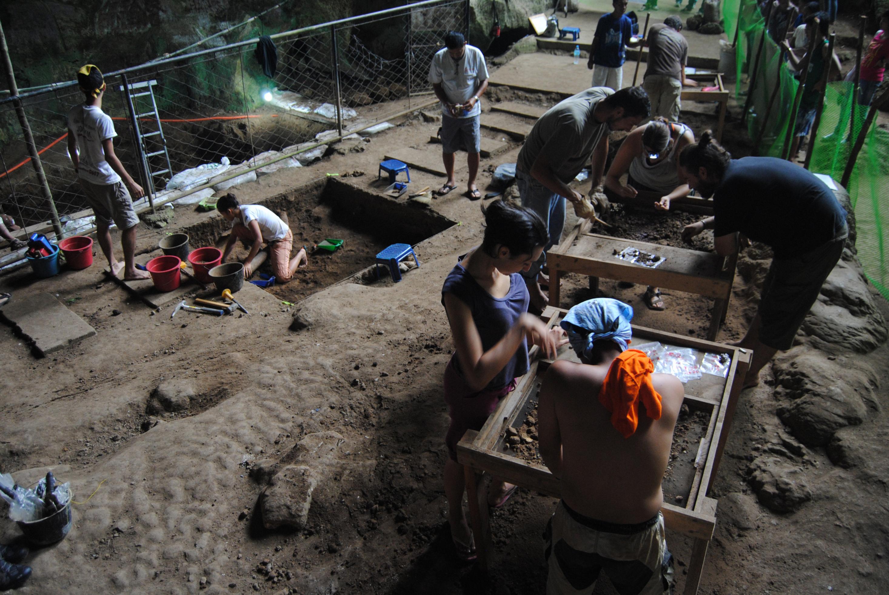 Am Boden der philippinischen Callao-Höhle sind arbeitende Wissenschaftler zu sehen, die in mühsamer, detektivischer Kleinarbeit  Fossilien freilegen. Hier fanden sie die Überreste von Homo luzonensis: Zähne, Fuß- und Handknochen sowie einen Oberschenkelknochen.