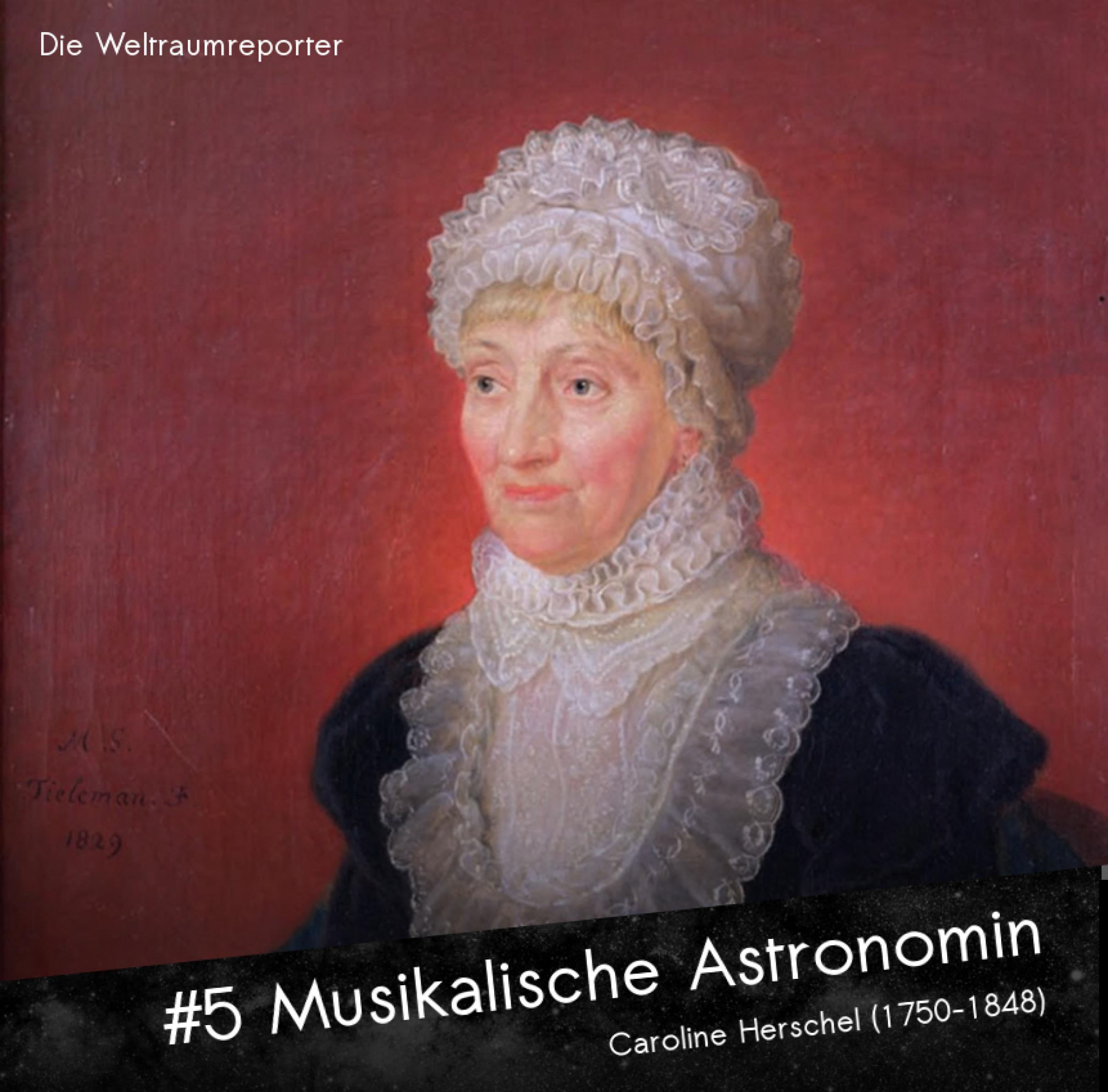 Caroline Herschel in höherem Alter, mit einem Kleid mit angedeuteter Halskrause und einer weißen Spitzenhaube