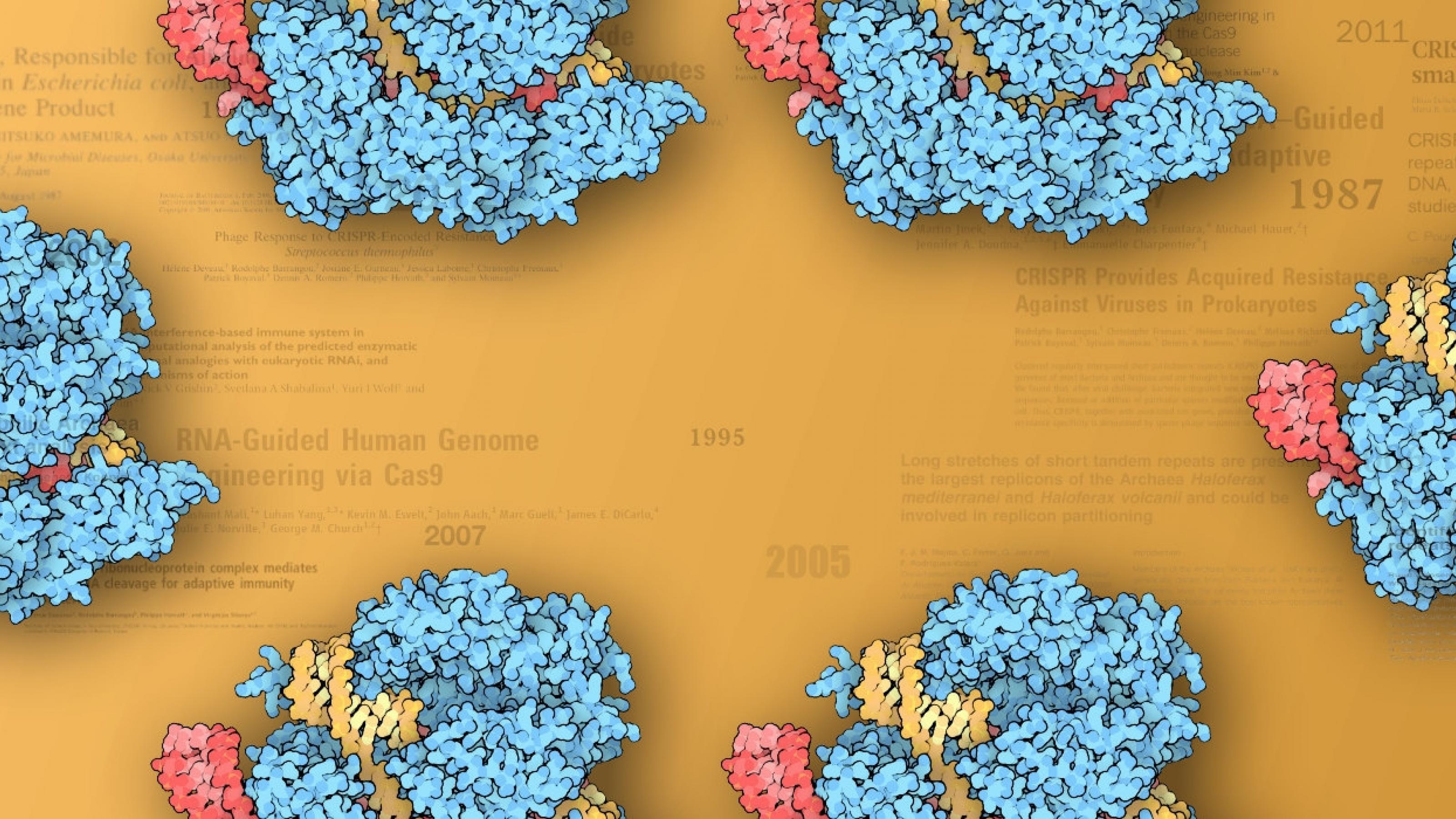 Cas9-Moleküle vor den Titeln wichtiger CRISPR-Fachartikel.