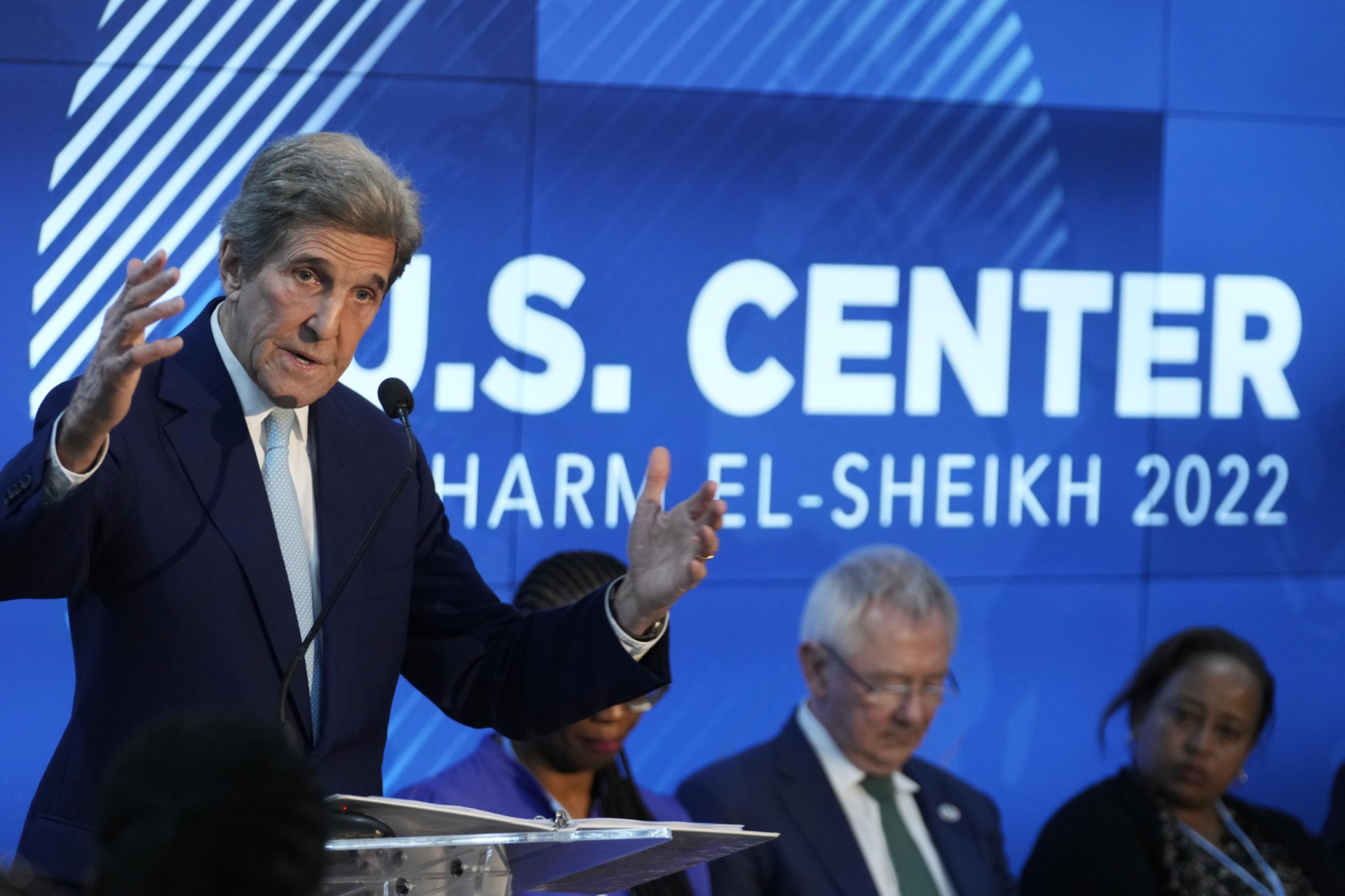 U.S. Special Presidential Envoy for Climate John Kerry speaks during a session on Accelerating the Clean Energy Transition in Developing Countries at the COP27 U.N. Climate Summit, Wednesday, Nov. 9, 2022, in Sharm el-Sheikh, Egypt. (AP Photo/Peter Dejong)