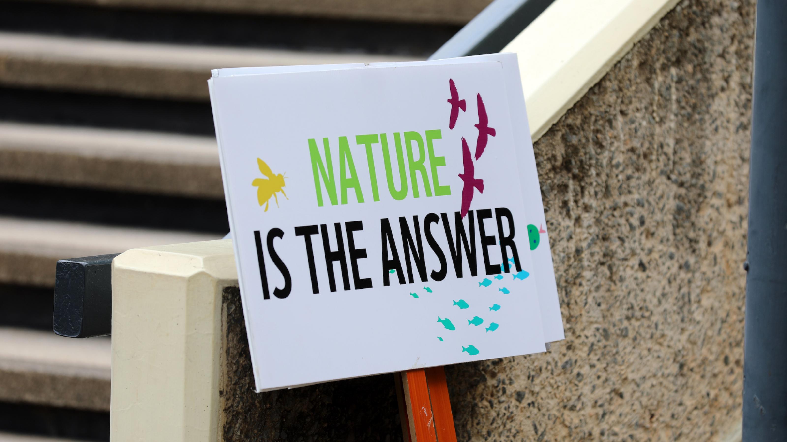 Ein Plakat mit der Aufschrift Natur ist die Antwort lehnt an einer Treppe.