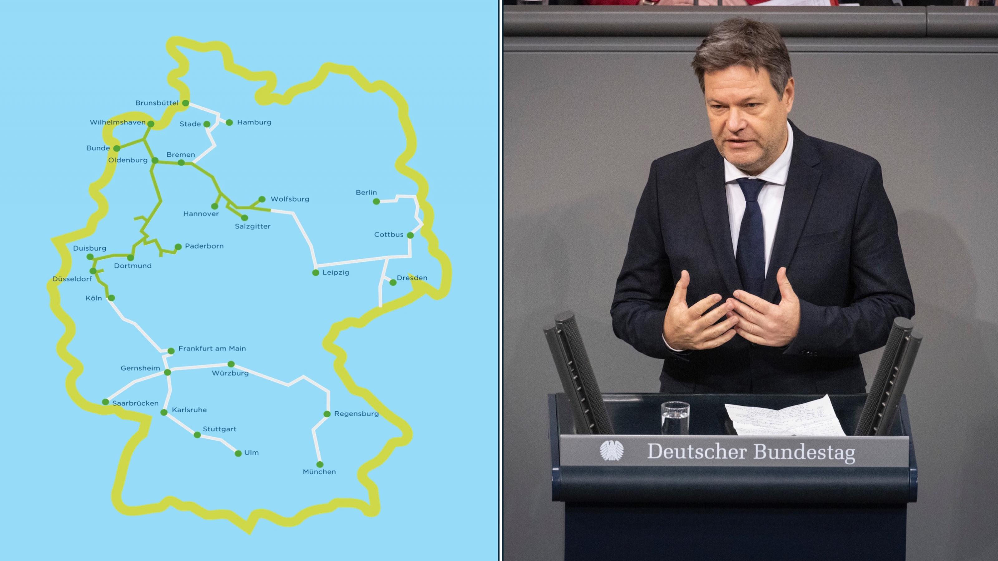 Landkarte zeigt geplante Pipelines von Süddeutschland bis an die Nordsee.